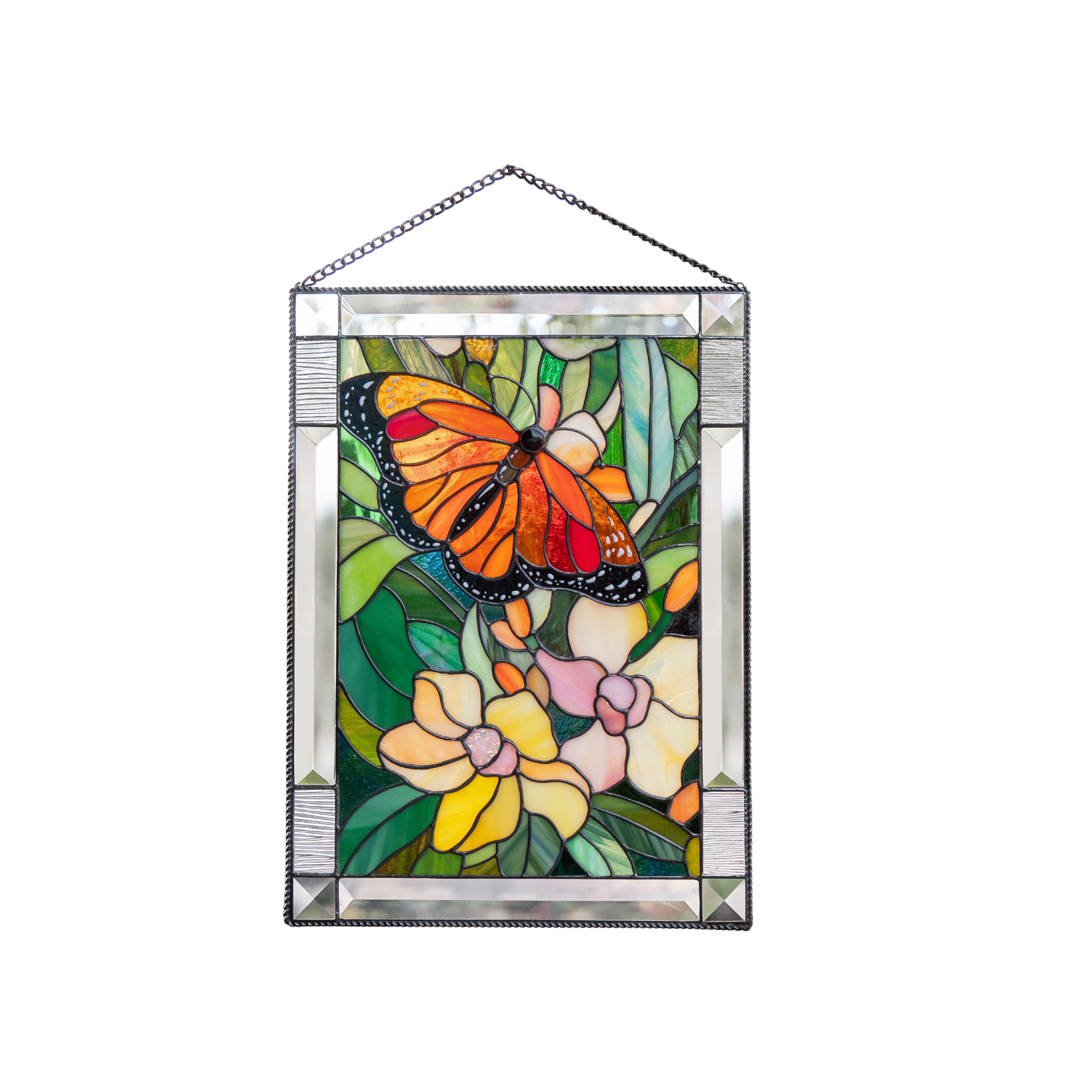 Monarch and orchids featured on a stained glass panel