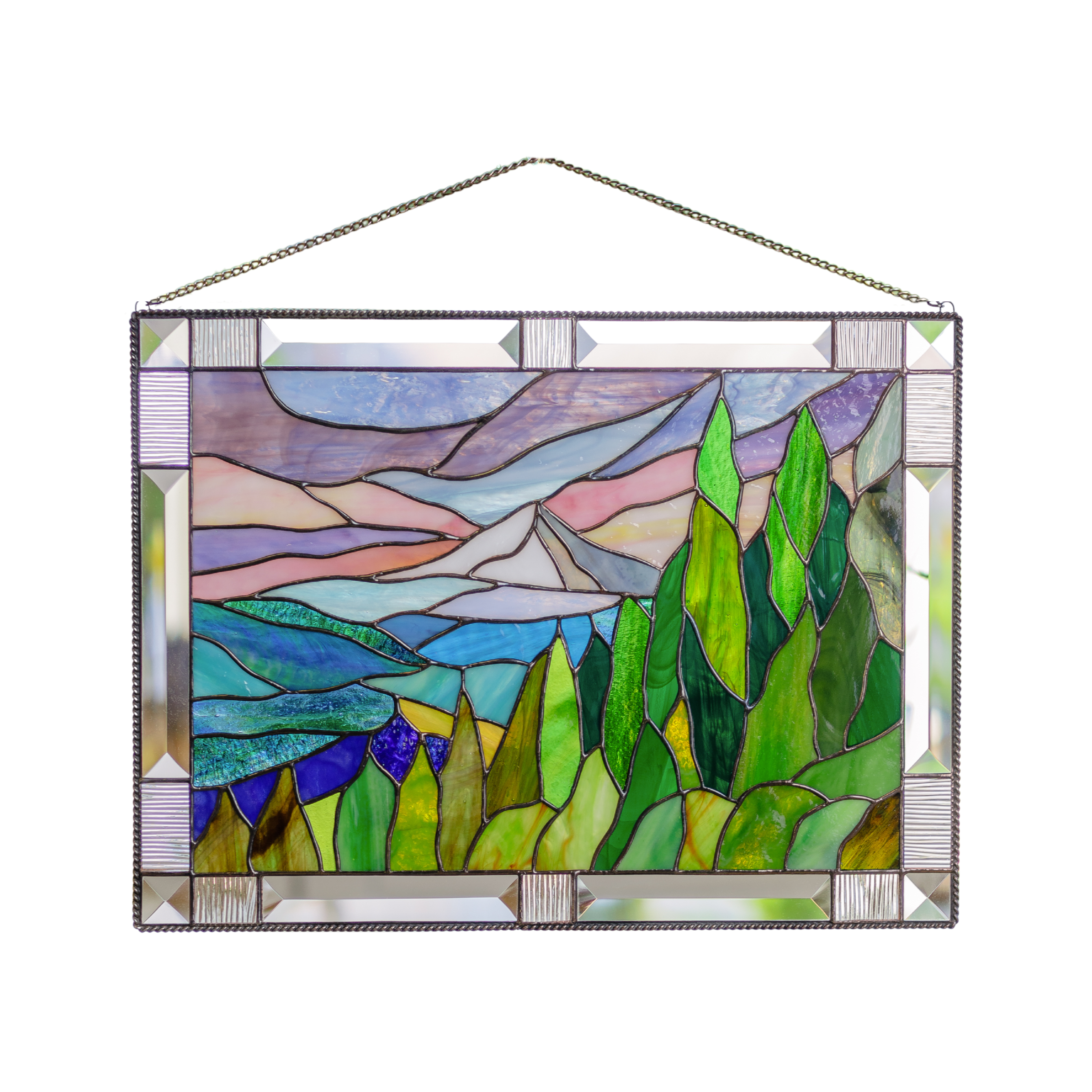 Stained glass panel with Mountain Hood landscape design on a white background