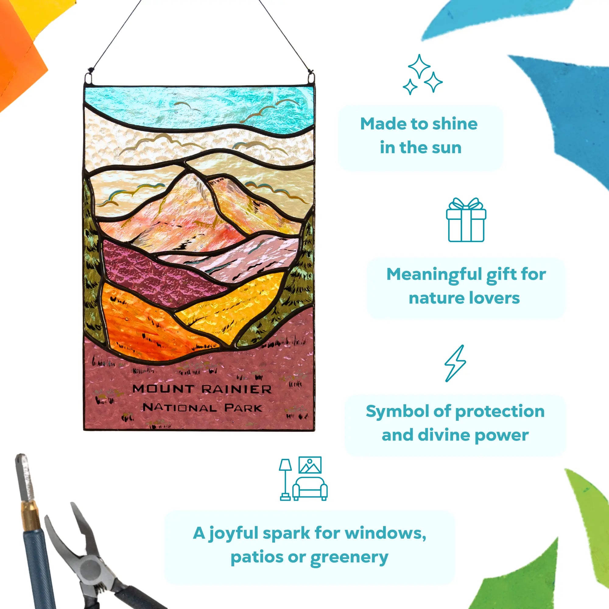 Stained glass Mount Rainier panel shown with highlights about its calming energy and handmade artistic quality.
