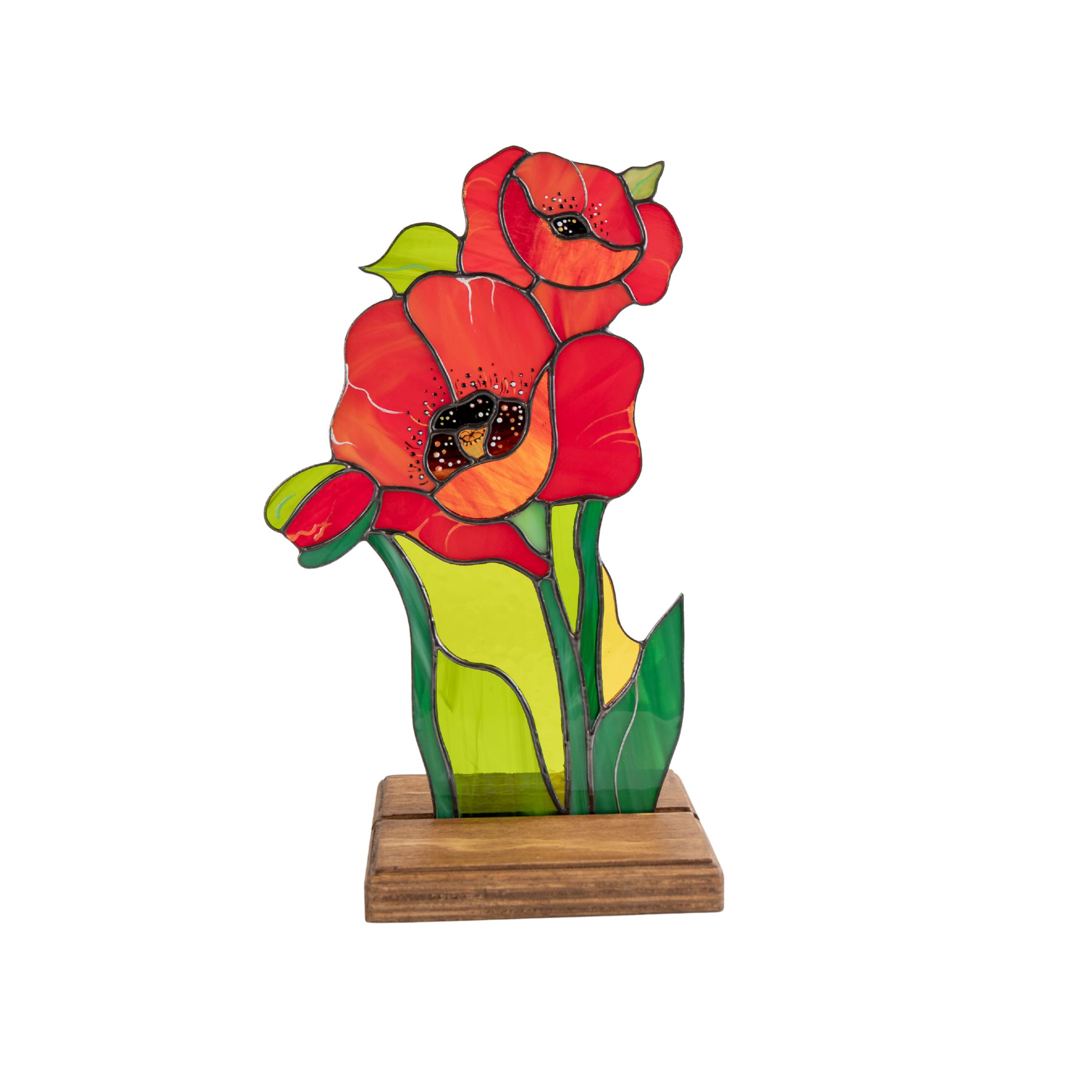 Stained glass panel on the wooden base with poppies is a perfect gift for loved ones.