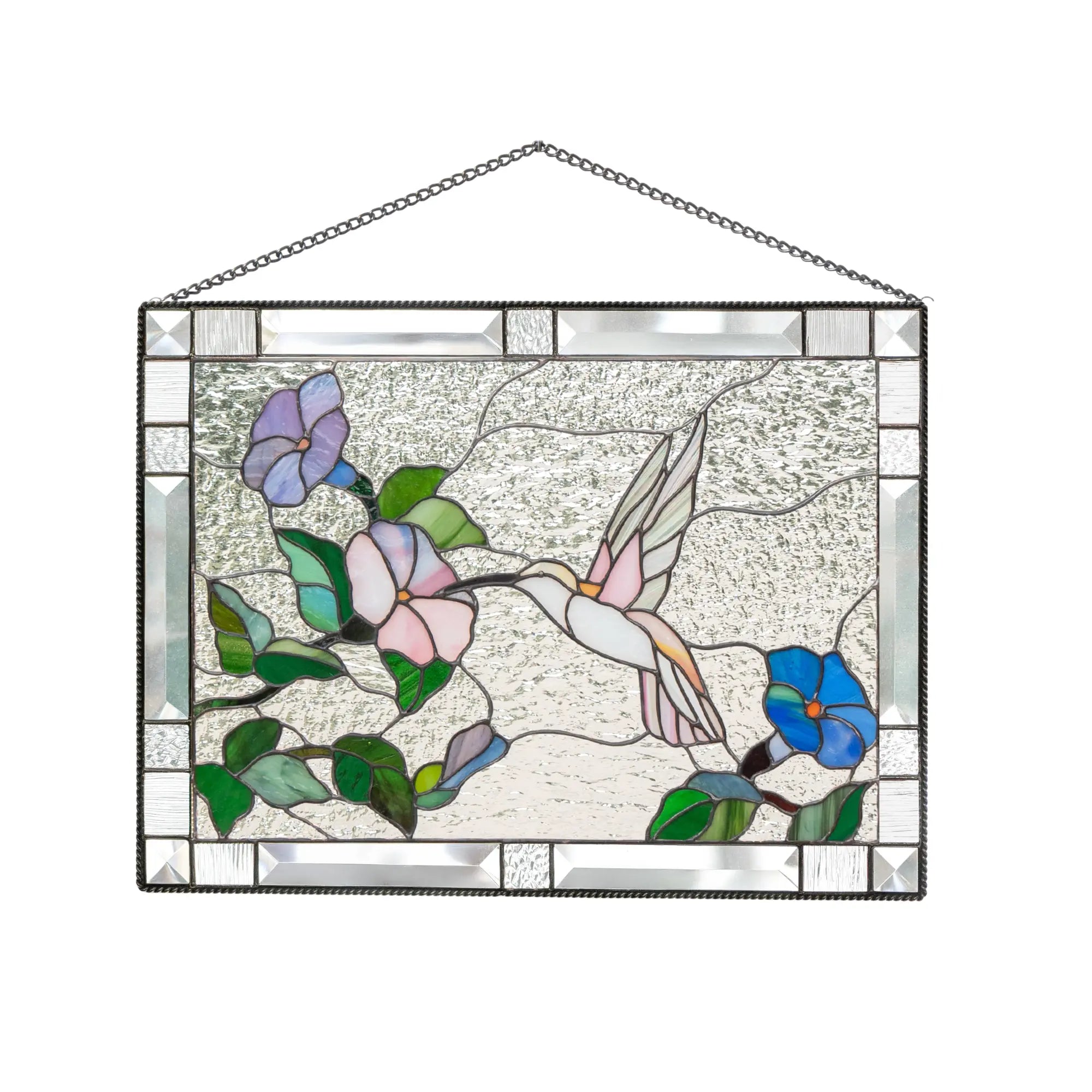 Stained glass panel with a hummingbird and flowers on a white background