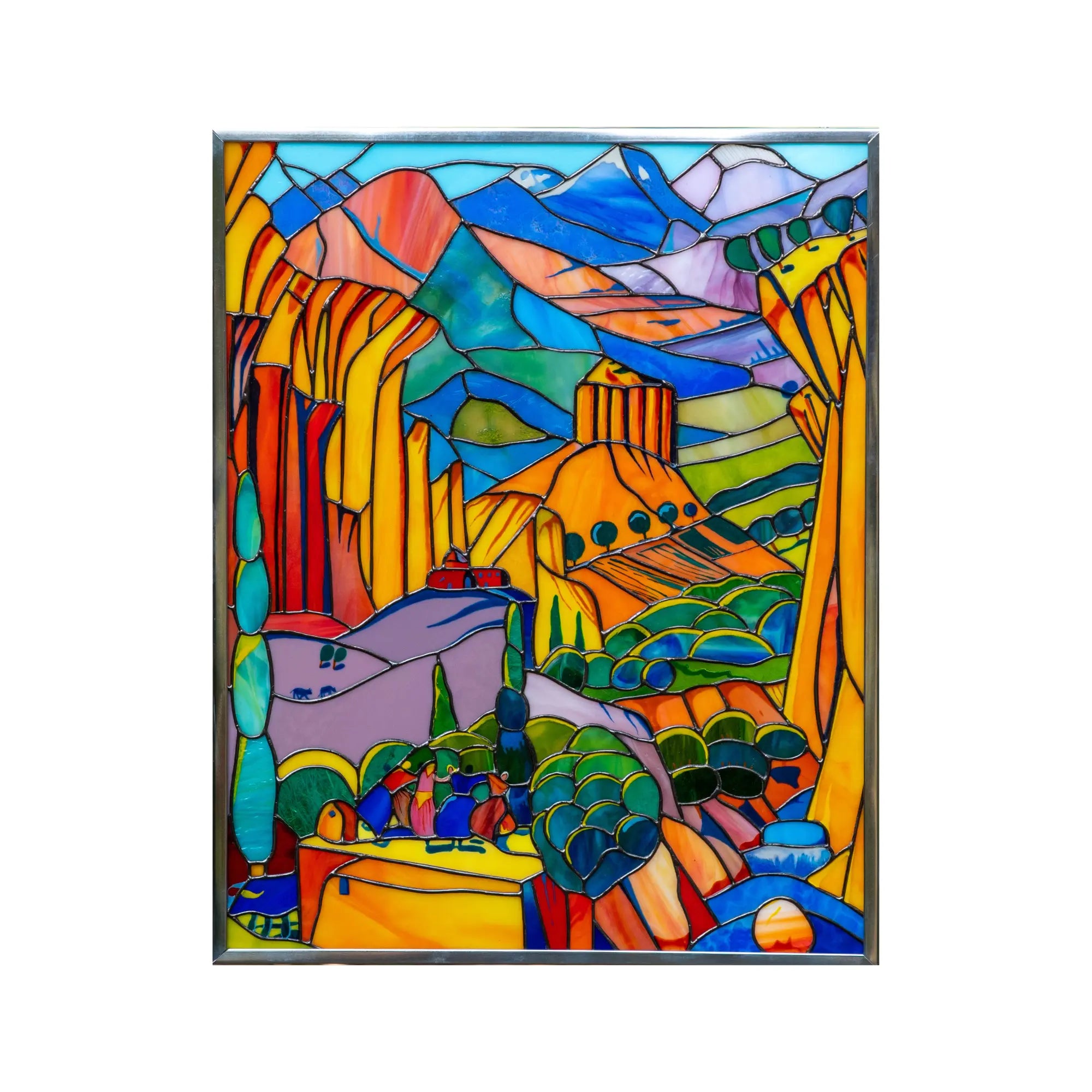 Stained glass panel with colorful abstract landscape, custiom order