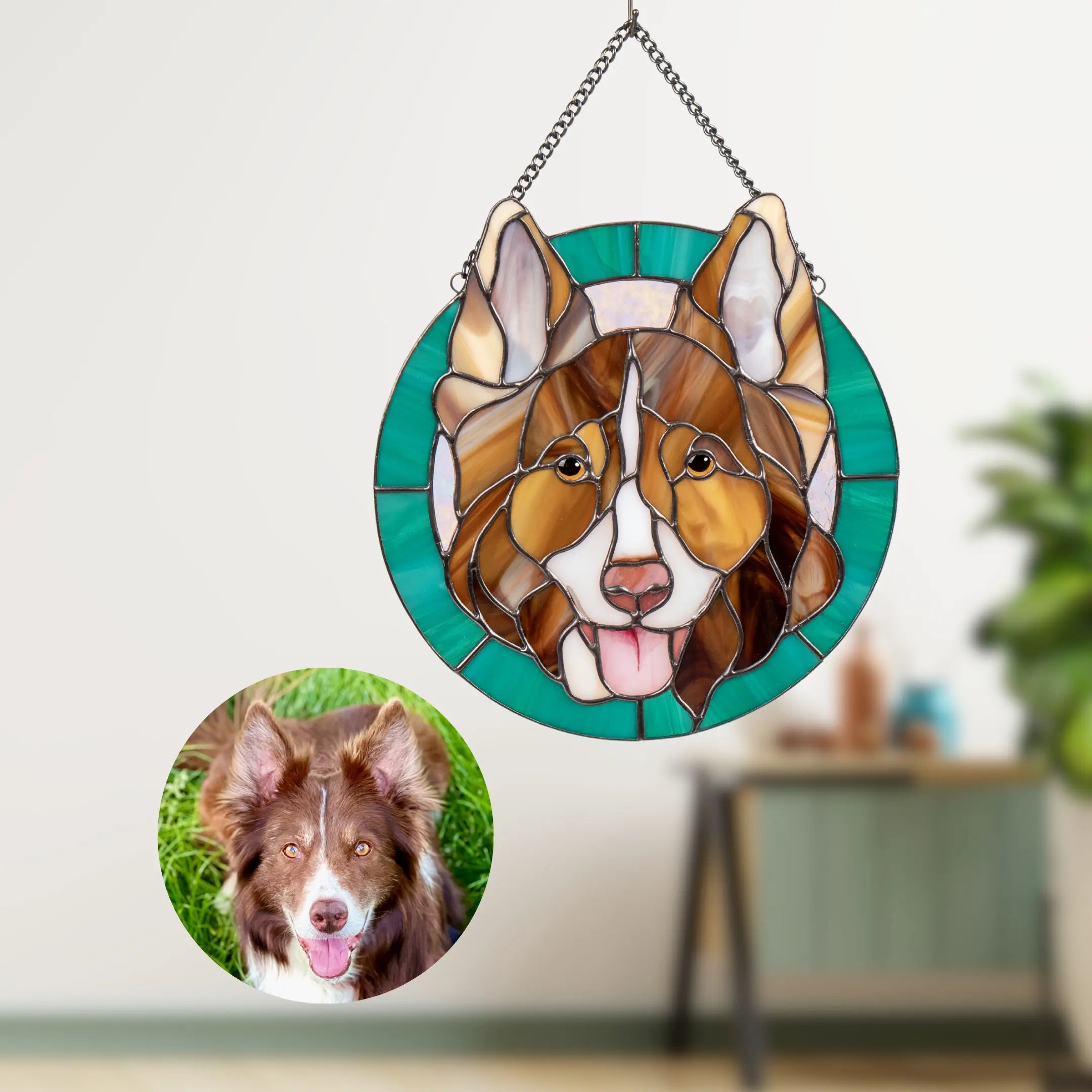 Stained glass pet portrait of a dog with a green background, hanging in living room interior