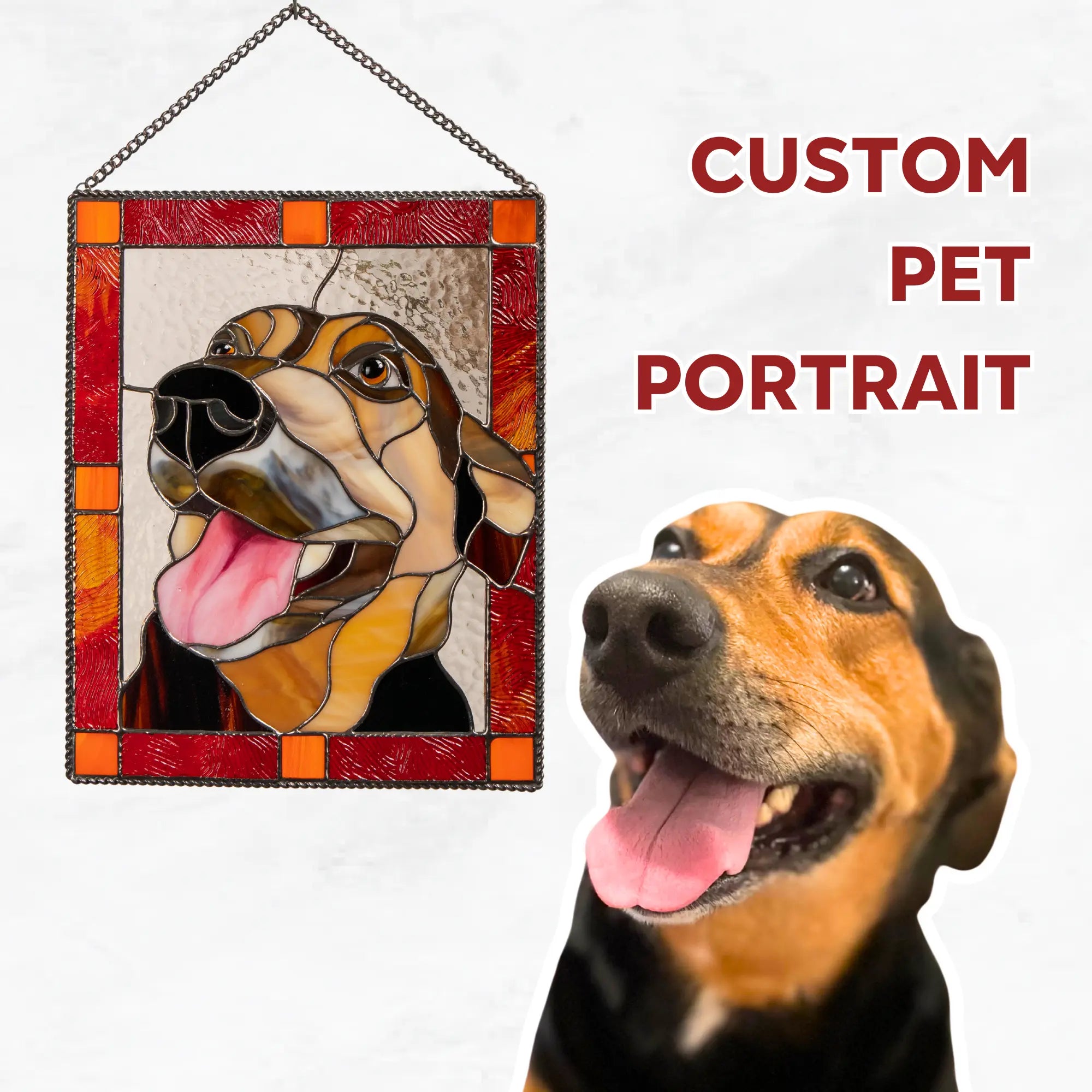 Stained glass custom panel pet portrait of a dog with a real dog next to it on a white background.