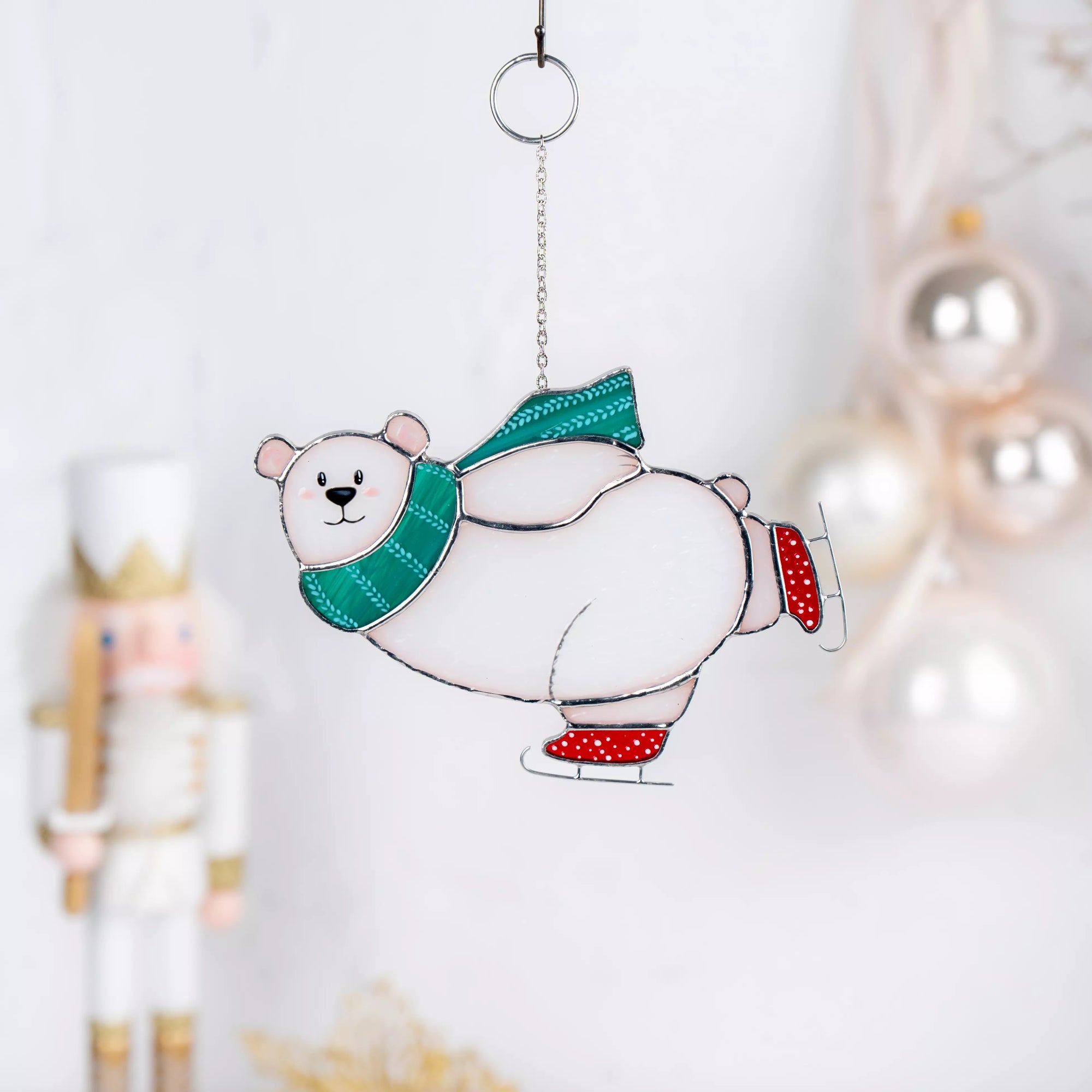 Stained glass polar bear on the skates Christmas window hanging
