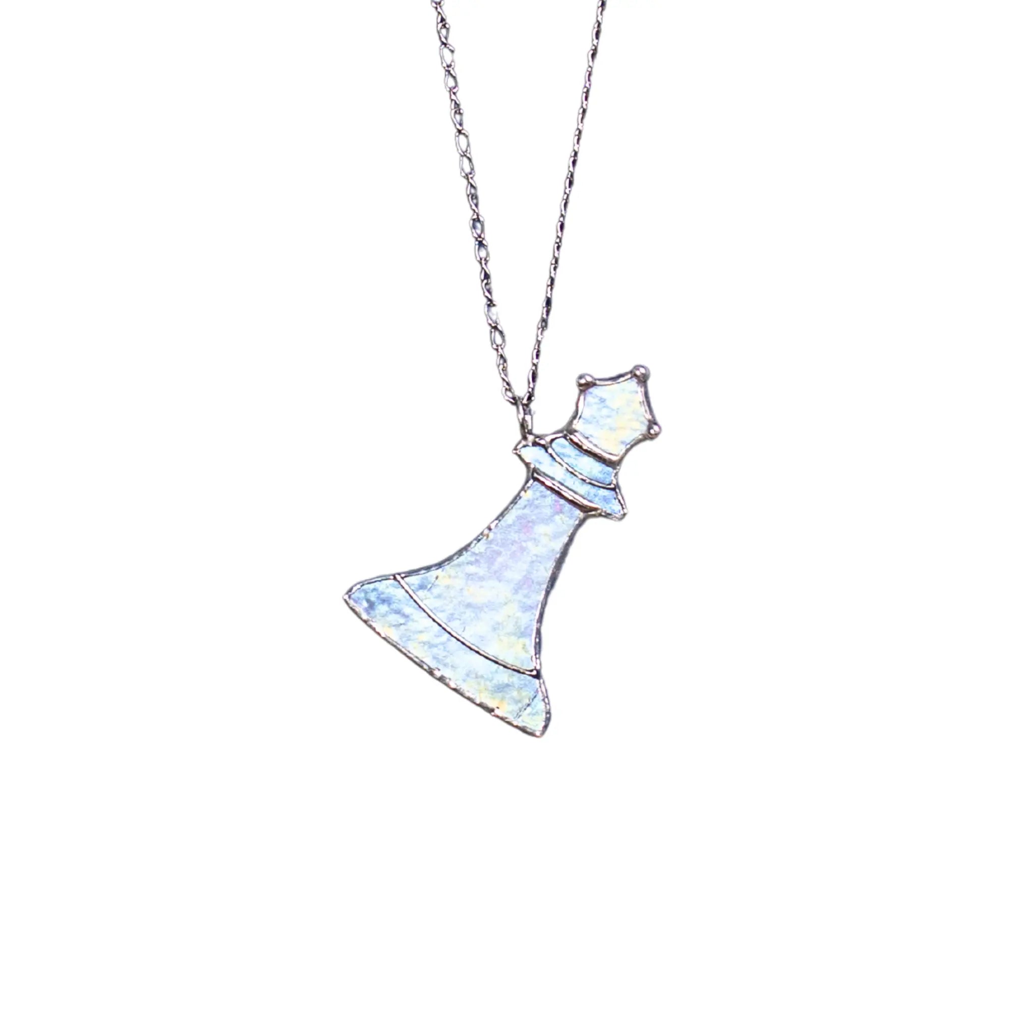 Iridescent white stained glass queen necklace on silver chain