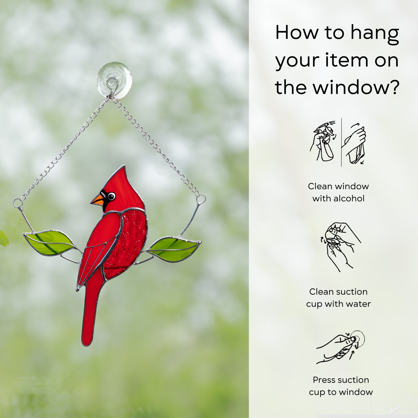 Window-mounted cardinal suncatcher with chain and suction cup, shown with hanging instructions
