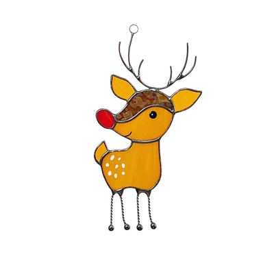 Bright stained glass reindeer with red nose and antlers, shown on a white background for product display.