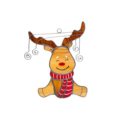 Brown stained glass reindeer with red scarf and curled antler wires, isolated on white.