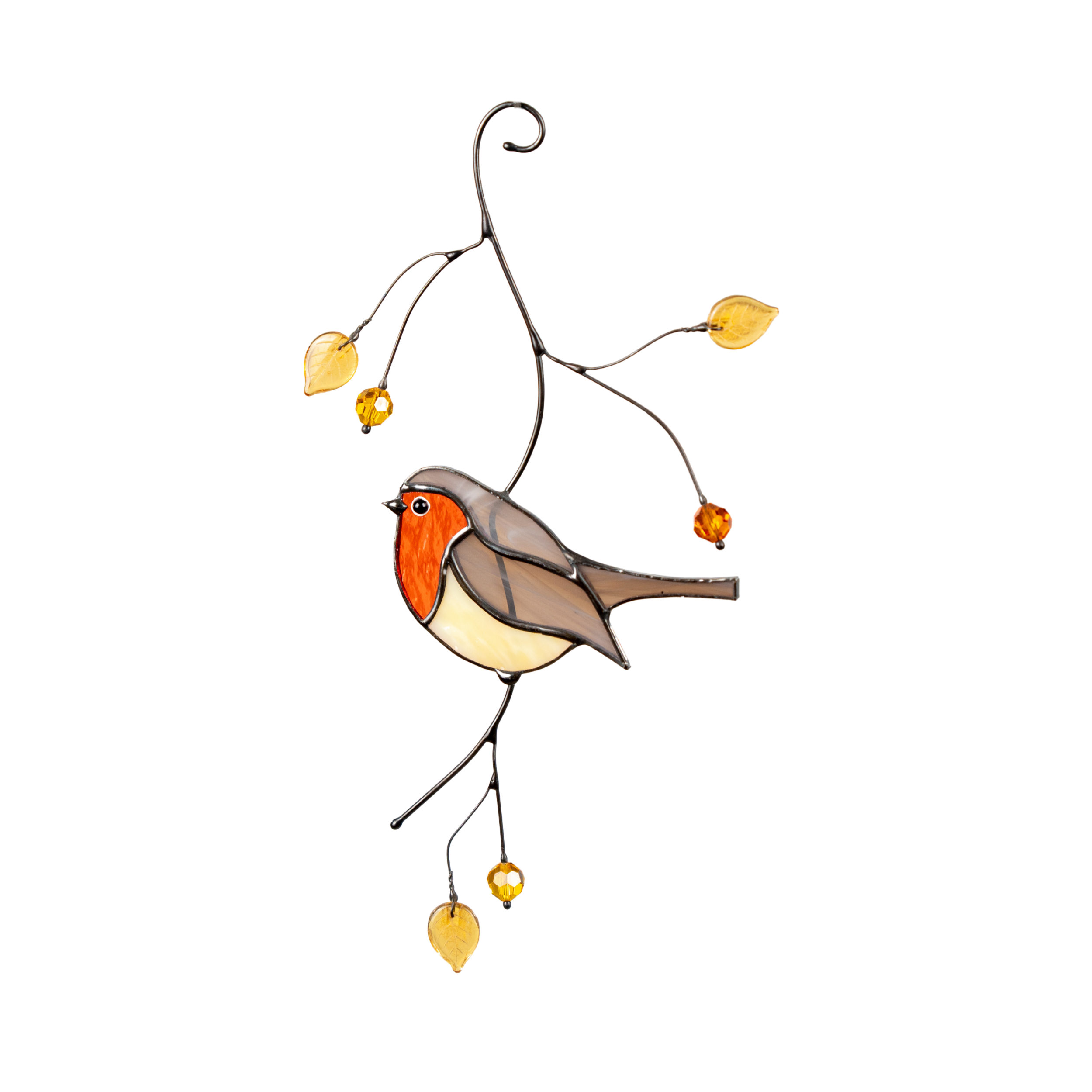 Stained glass robin hanging with yellow beads, symbolizing renewal and warmth
