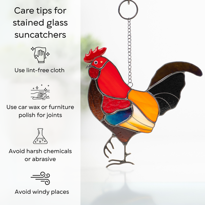 Stained glass rooster suncatcher next to care instructions, focusing on maintaining glass brilliance: use lint-free cloth, use wax polish for joints, no harsh cleaners, avoid wind.