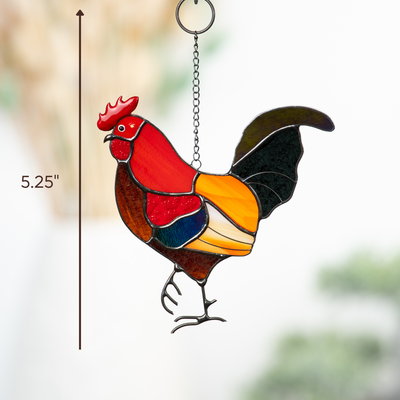 Colorful rooster suncatcher displayed with size scale at 5.25 inches.