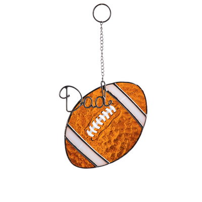 Stained glass rugby ball suncatcher with "Dad" lettering.