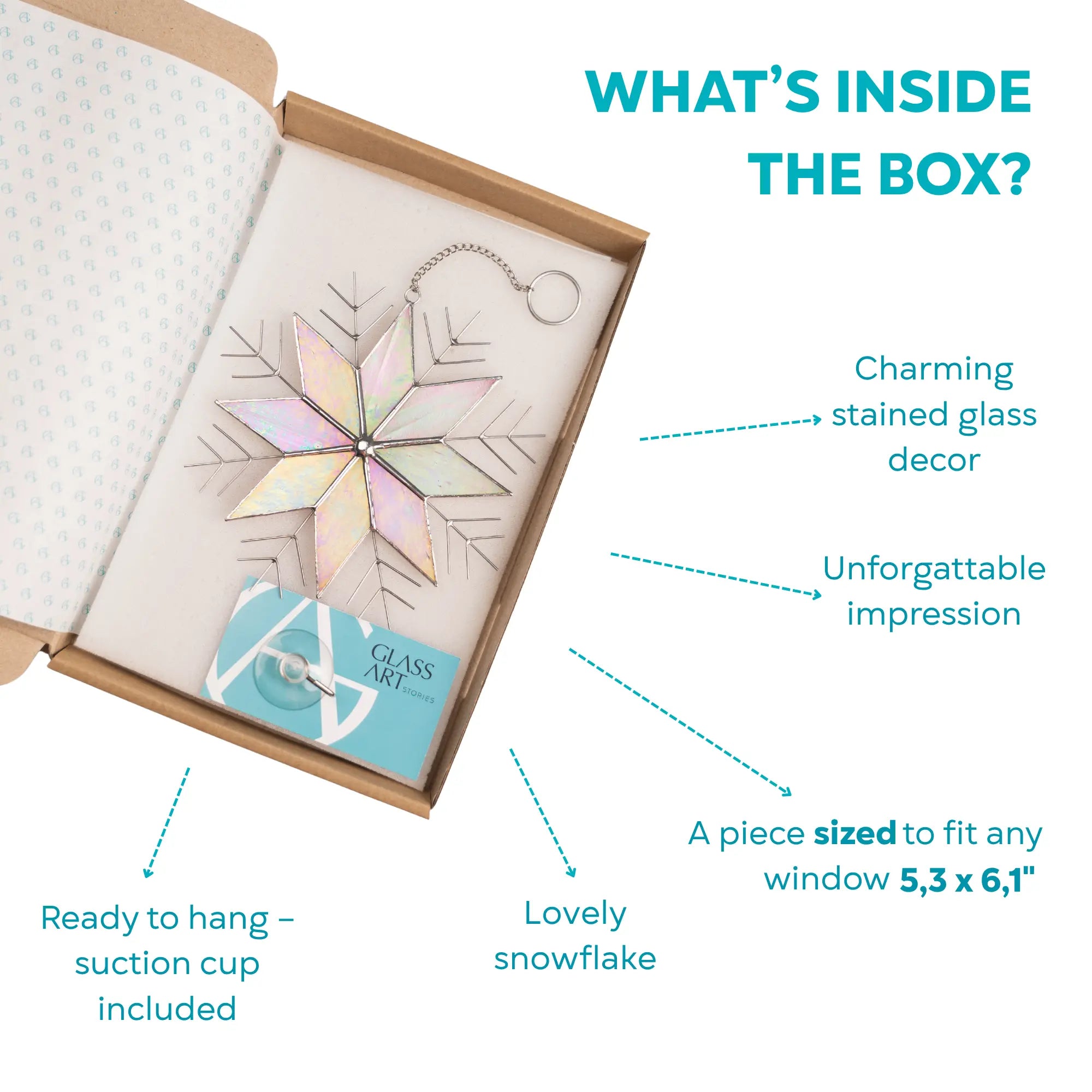 Stained glass snowflake suncatcher sized 5.3 x 6.1 inches in a box with branded card and suction cup included