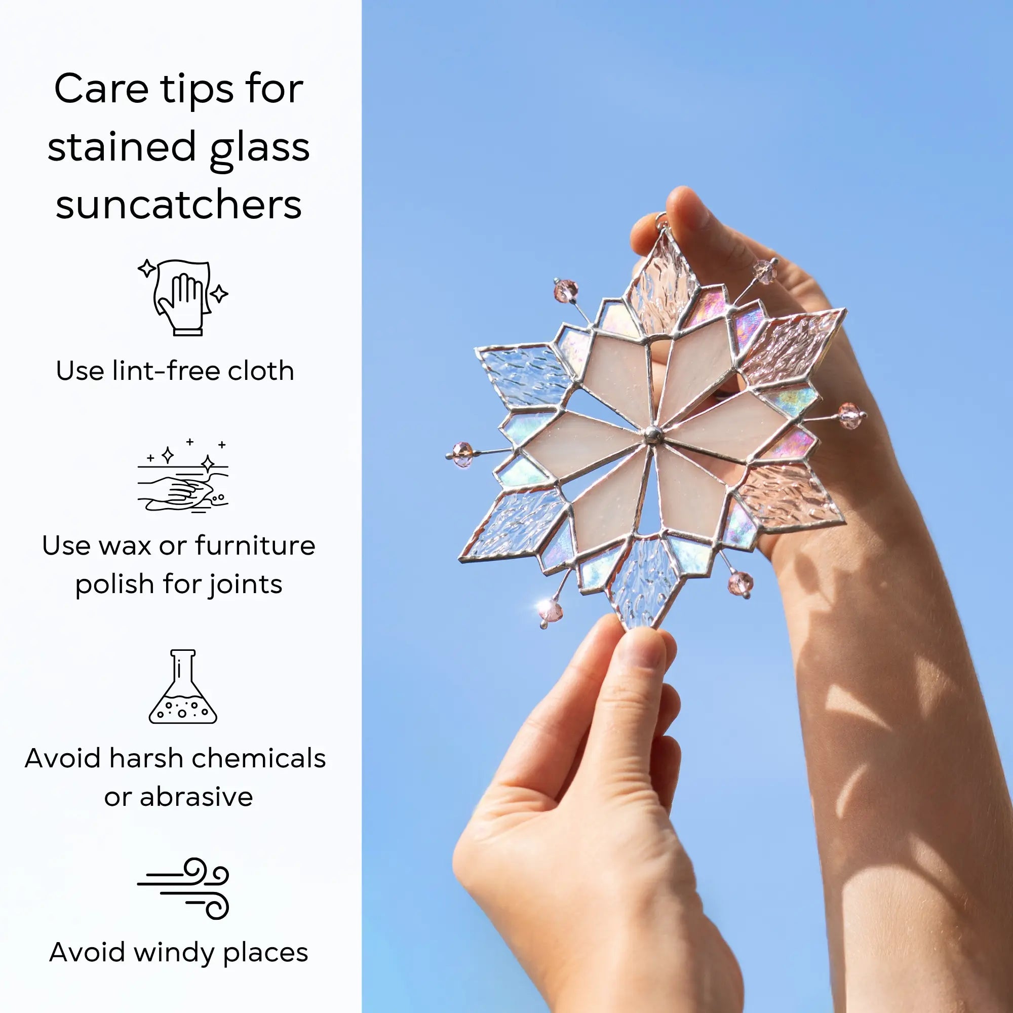 Stained glass suncatcher held by hands with care tips on a blue background: use lint-free cloth, polish joints with car wax or furniture polish, avoid harsh chemicals, and windy places.