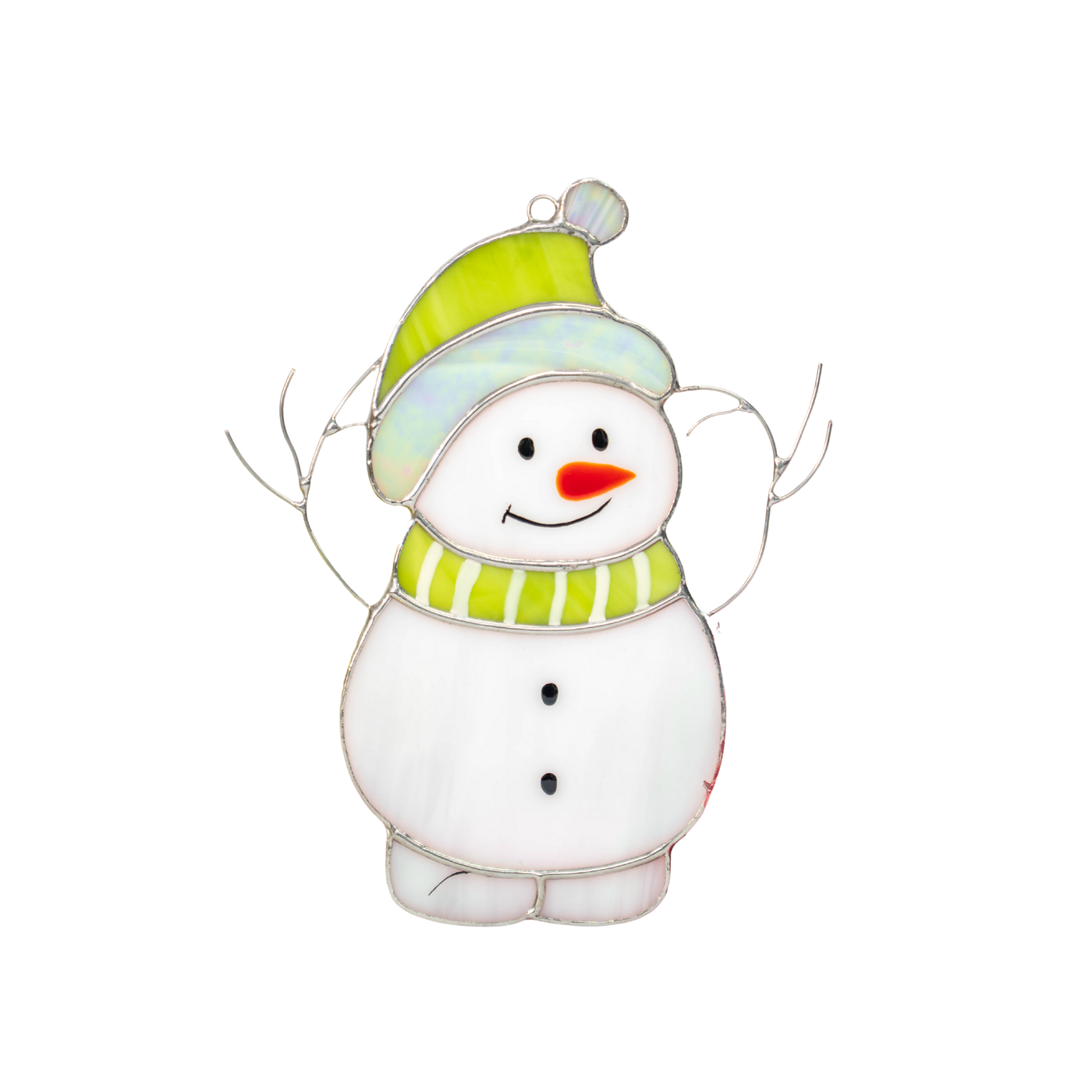 Full view of stained glass snowman with a green hat and striped scarf, arms raised in festive joy.