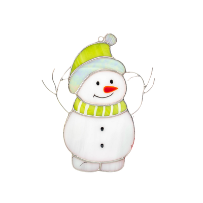 Full view of stained glass snowman with a green hat and striped scarf, arms raised in festive joy.