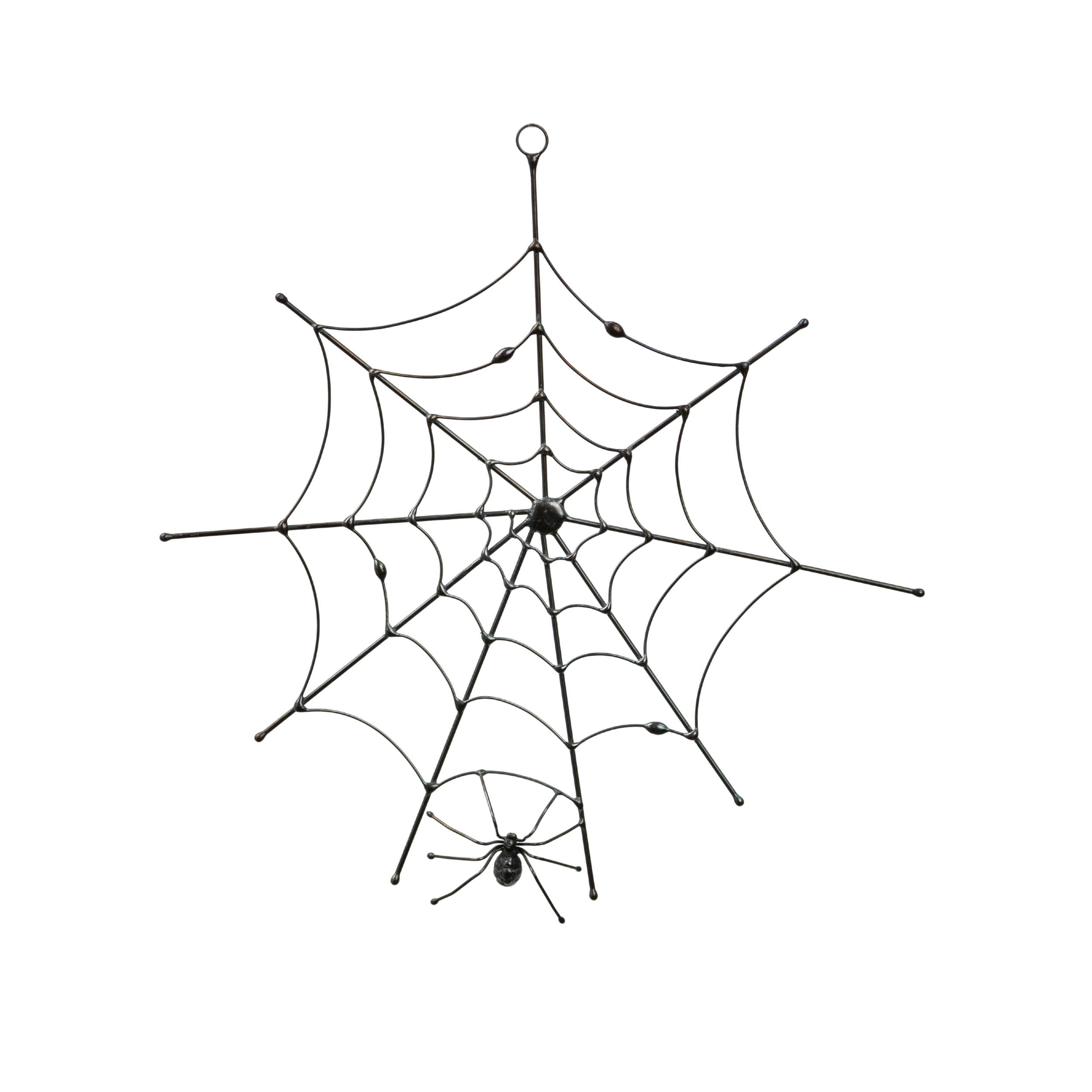 Metal wire spider web suncatcher with a black spider hanging in the center, handmade for Halloween-themed decor.