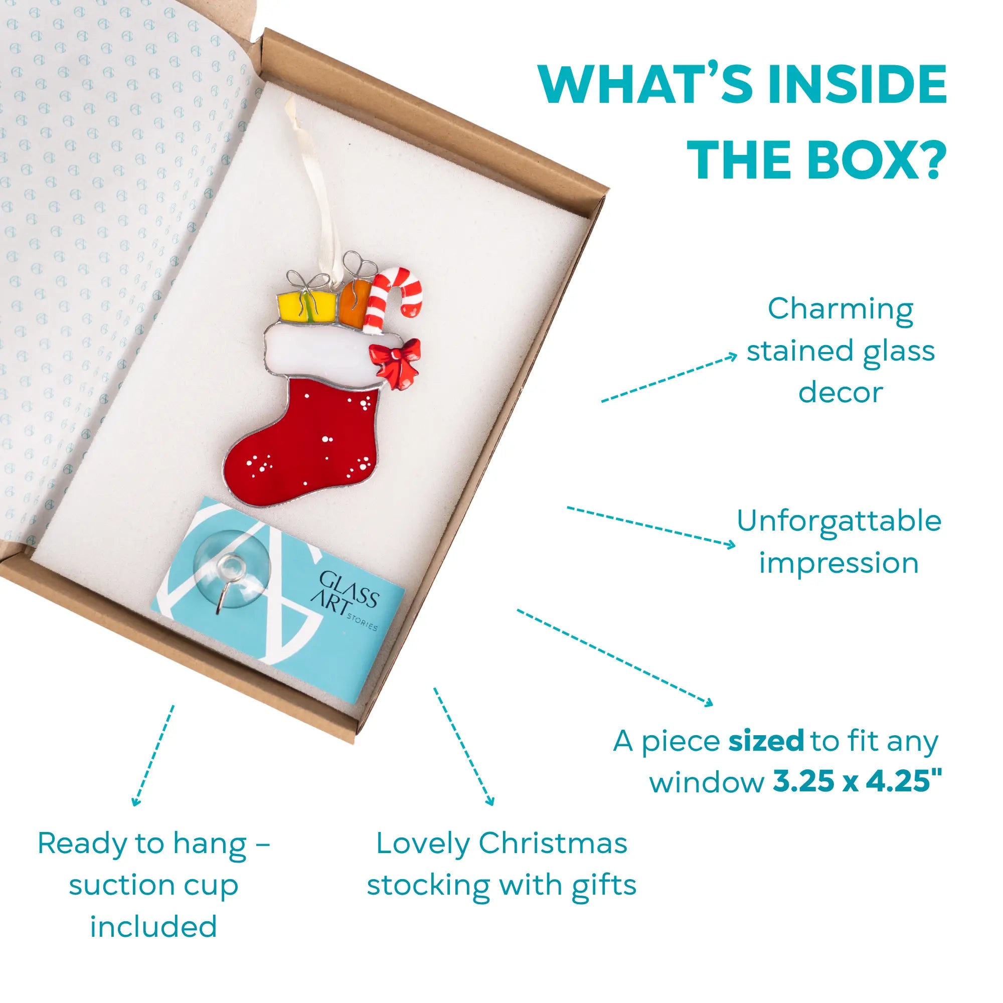 Gift box with a stained glass Christmas stocking ornament featuring candy cane and presents, with suction cup included.