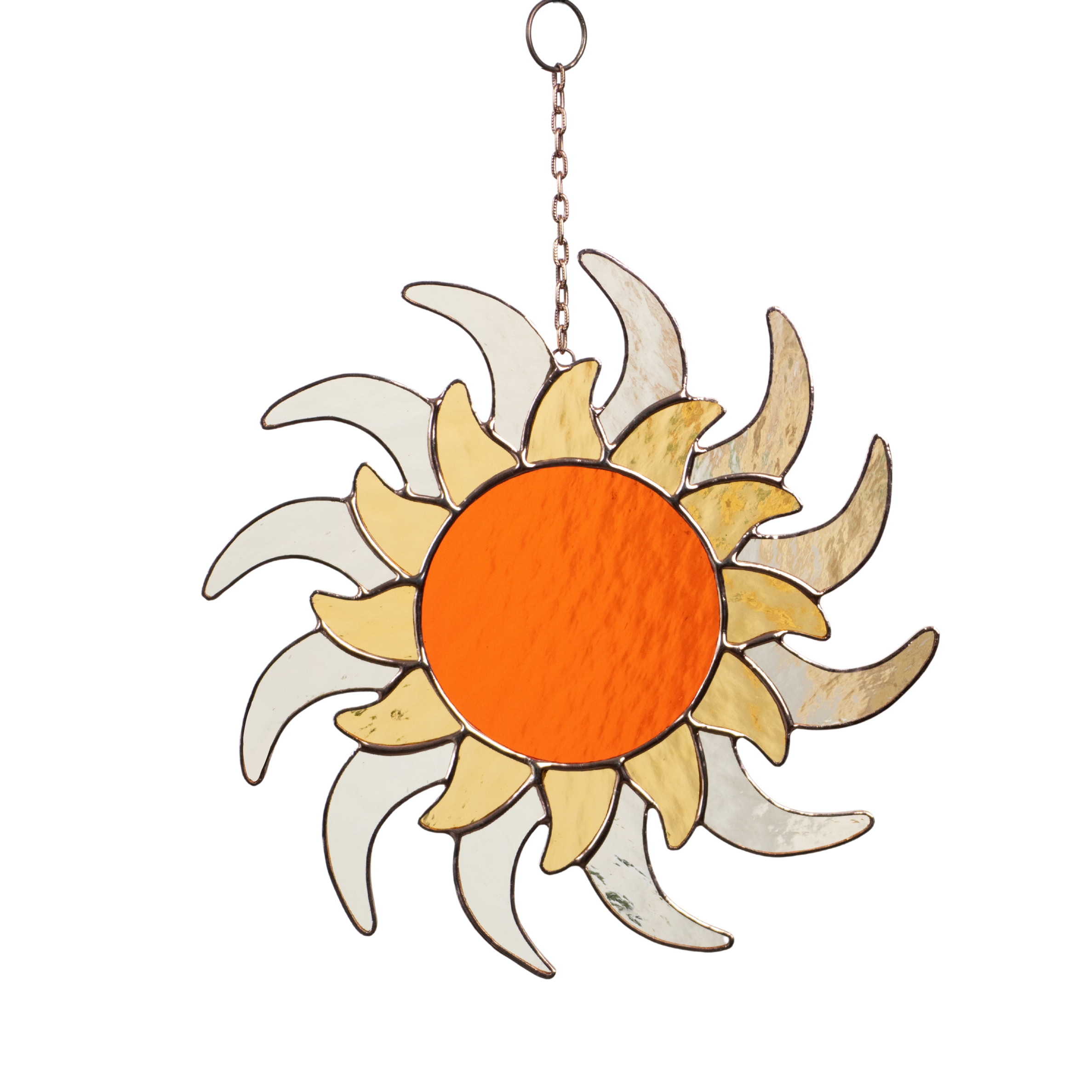 Stained glass sun with orange center and double layer of curved yellow and white rays, hanging on chain.
