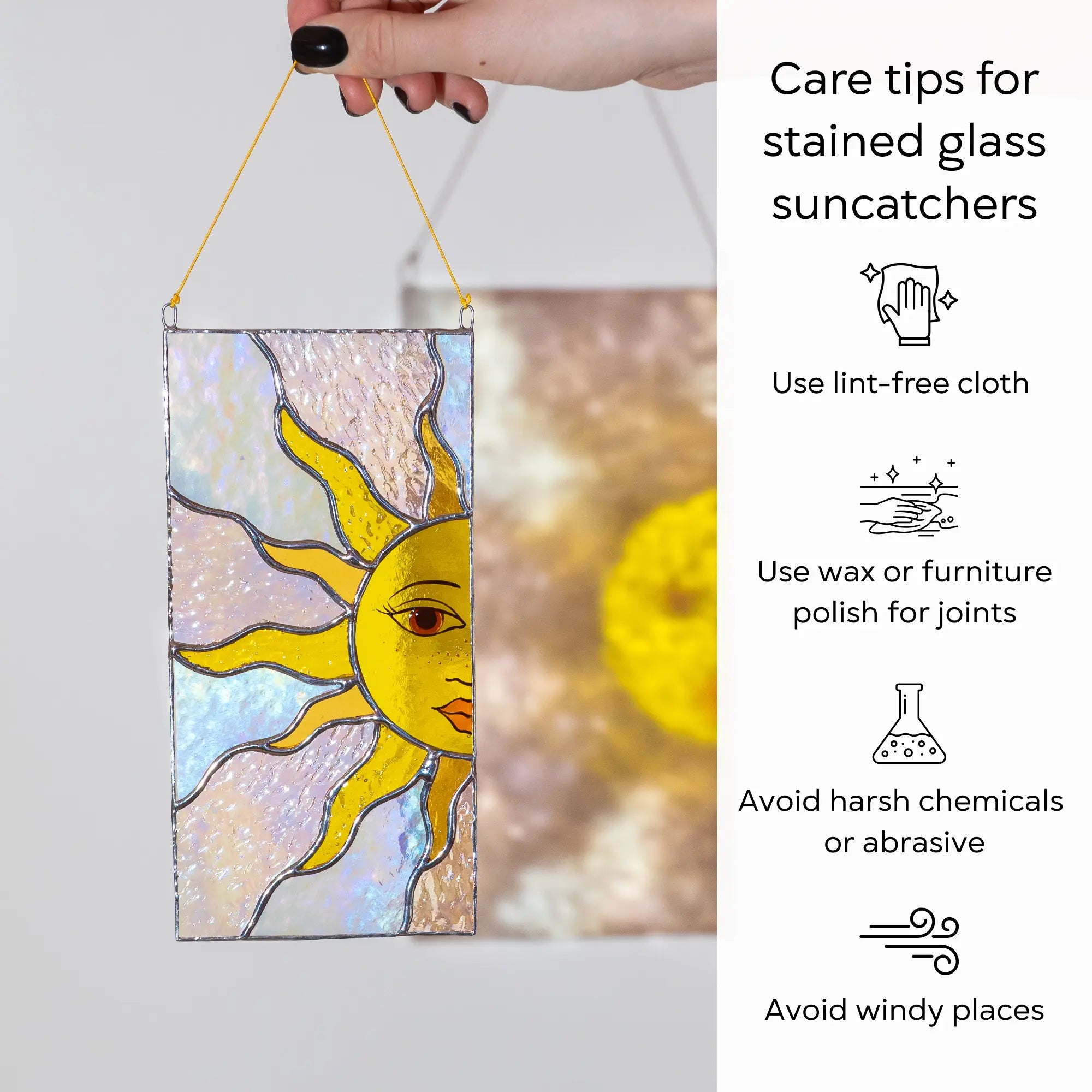 Stained glass suncatcher with care tips on a white background: use lint-free cloth, polish joints with car wax or furniture polish, avoid harsh chemicals, and windy places.