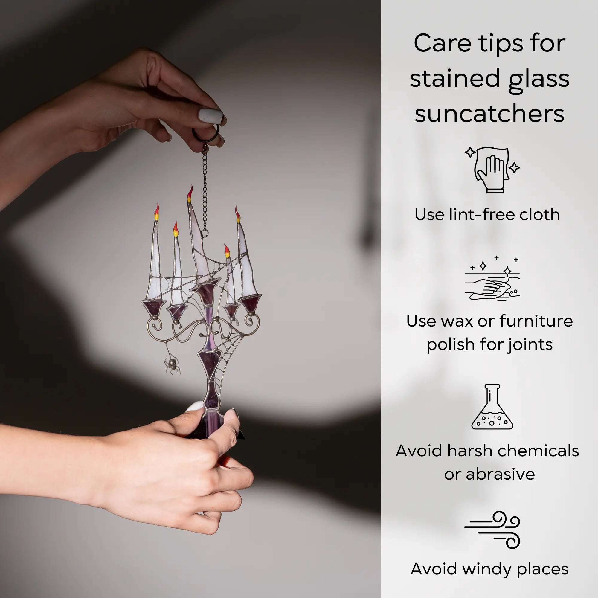 Stained glass candelabra suncatcher held by hands with care tips: use lint-free cloth, polish joints with car wax or furniture polish, avoid harsh chemicals, and windy places.