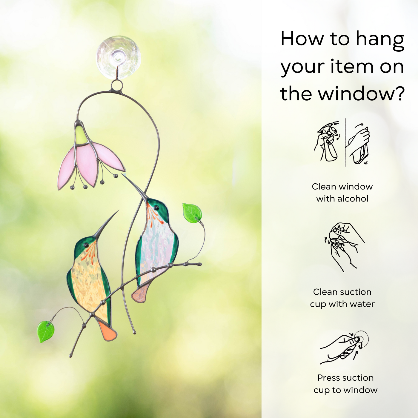 Pair if green hummingbirds sitting on the branch with flower and hanging instructions beside: clean window and suction cup, press a cup to the surface