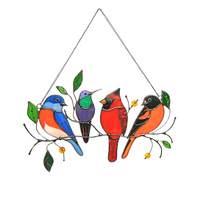 Stained glass suncatcher with four vibrant birds sitting on a branch: bluebird, hummingbird, cardinal, and oriole.