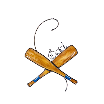 Two beige stained glass baseball bats crossed with “Dad” spelled in wire on top.