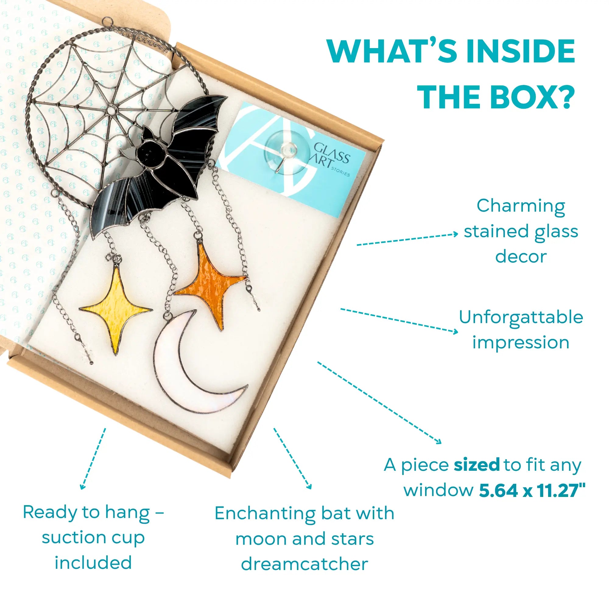 Stained glass suncather with bat, moon, and stars design in a box packaging.