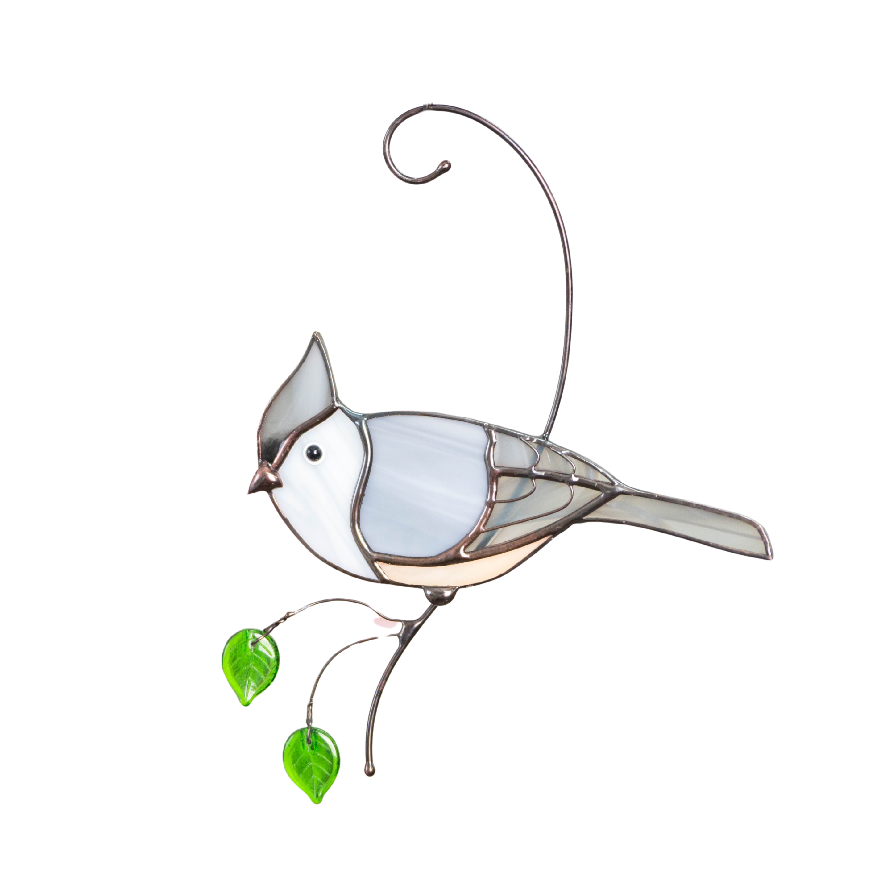 Tufted titmouse on the branch with leaves suncatcher of stained glass