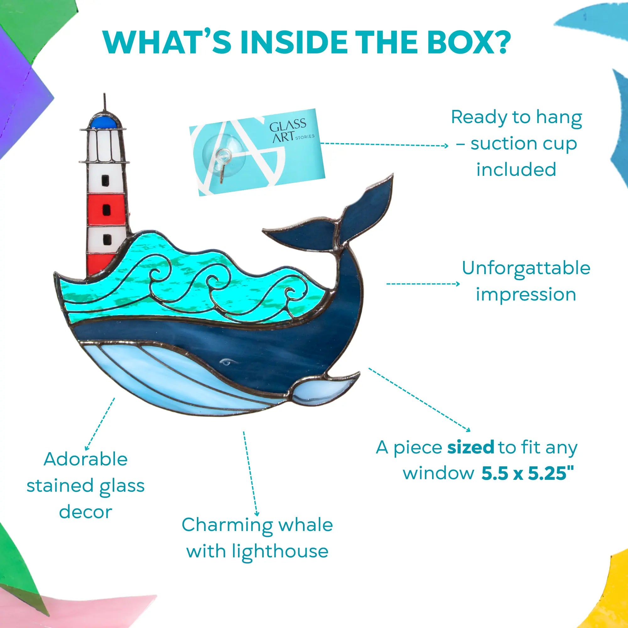 Stained glass whale with lighthouse suncatcher and packaging on a colorful background