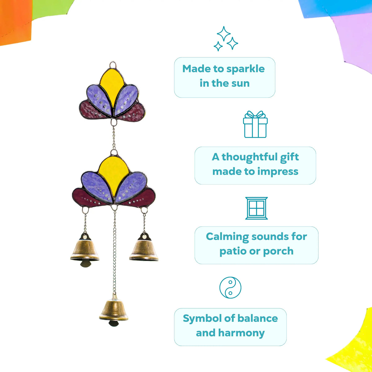 Lotus stained glass wind chime featuring instructional text and icons highlighting its features like sparkle, gift-worthiness, sound, and harmony.