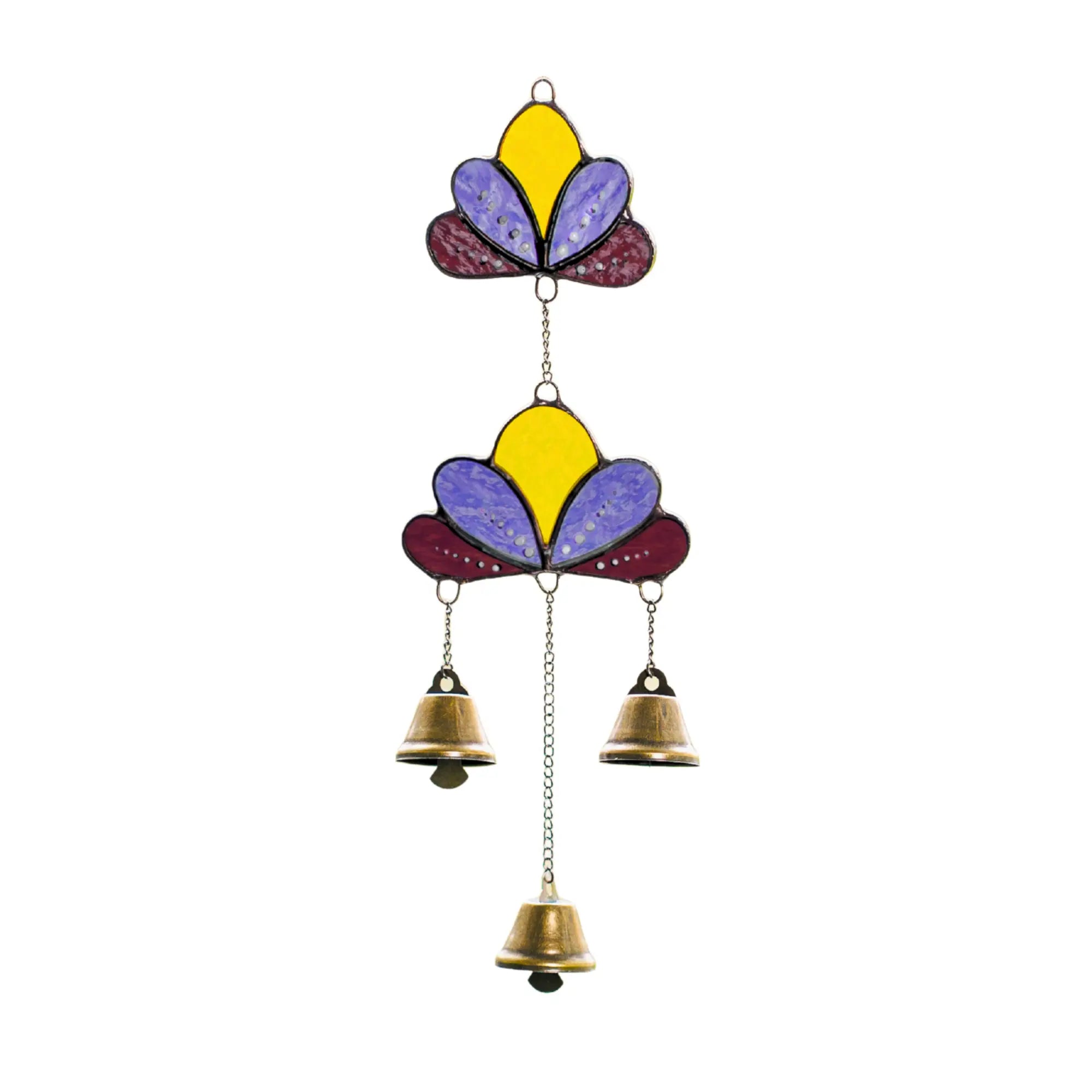 Stained glass wind chime with a yellow, purple, and maroon lotus design and three small brass bells, isolated on a white background.