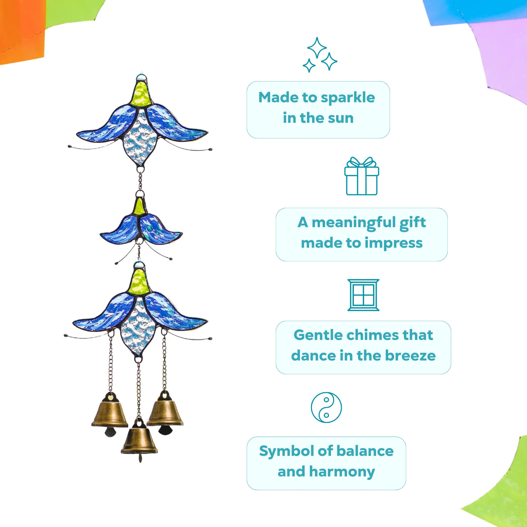 Stained glass flower windchime with instructional icons and text highlighting its features: sun sparkle, giftability, gentle chimes, and harmony.