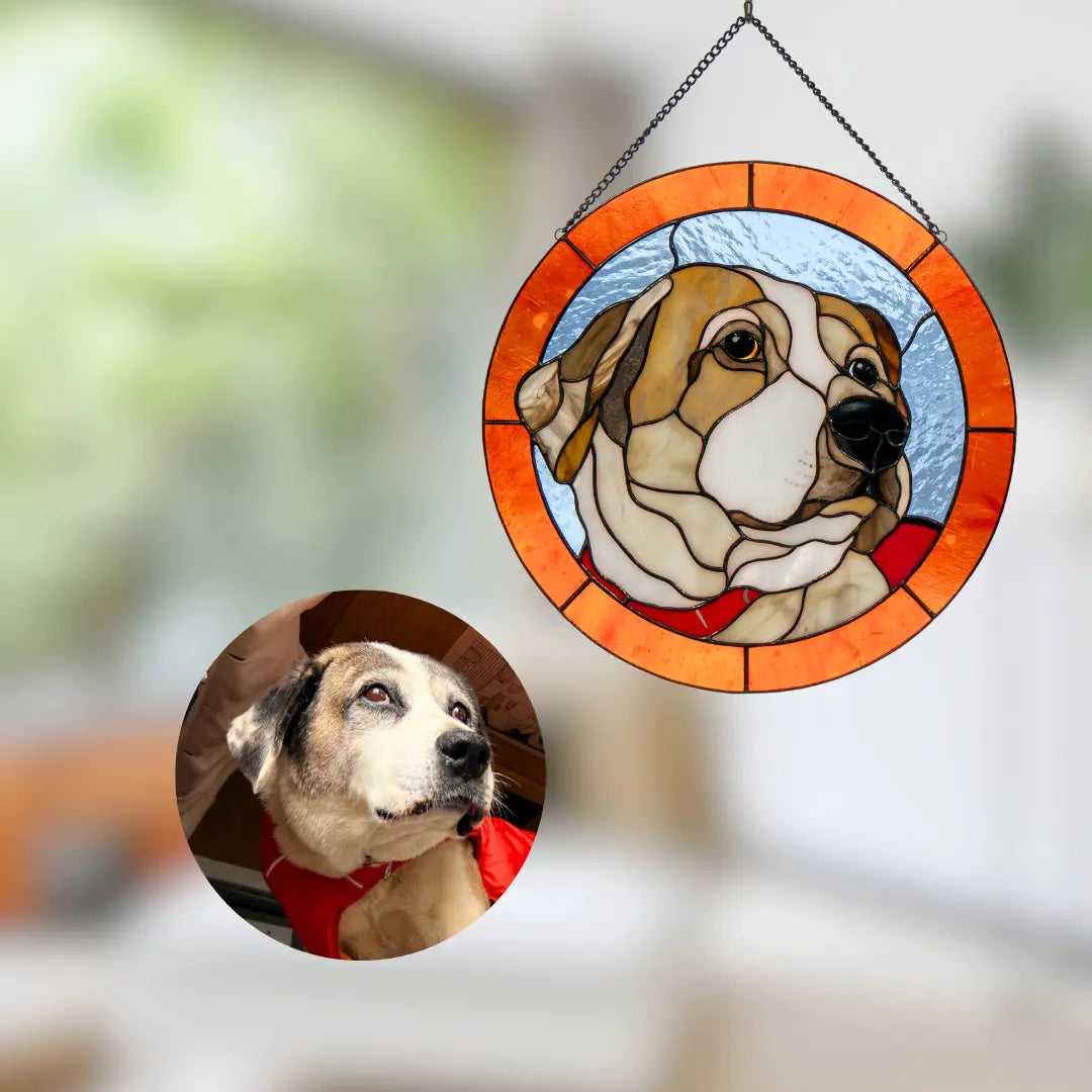 Stained glass window hangings with custom dog portrait on a blurred background