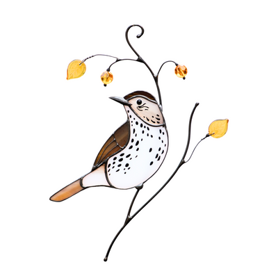 Elegant stained glass wood thrush with spotted belly, yellow leaves, and warm-toned beads