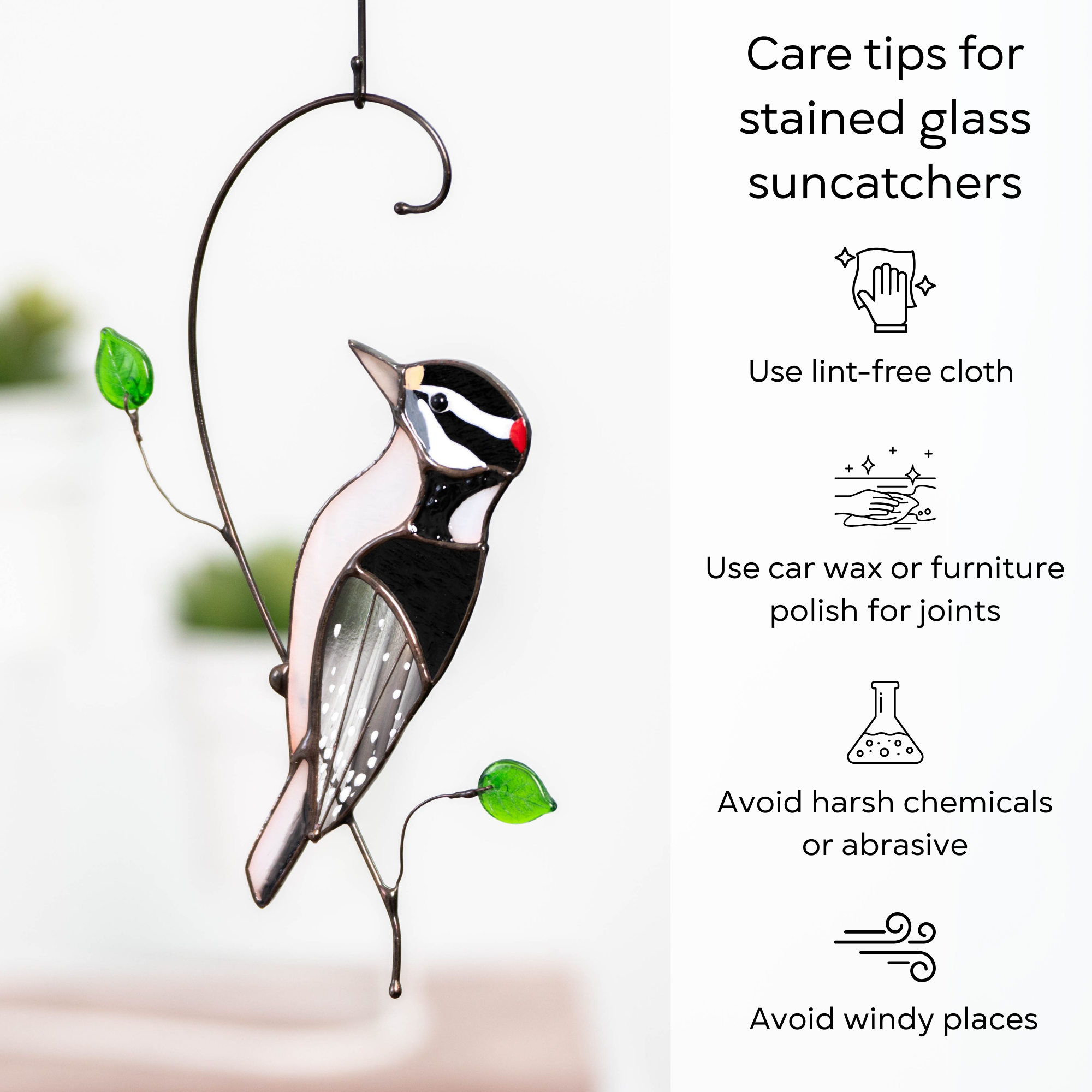 Hanging stained glass woodpecker next to care tips: polish joints, use soft cloth, avoid wind and harsh chemicals