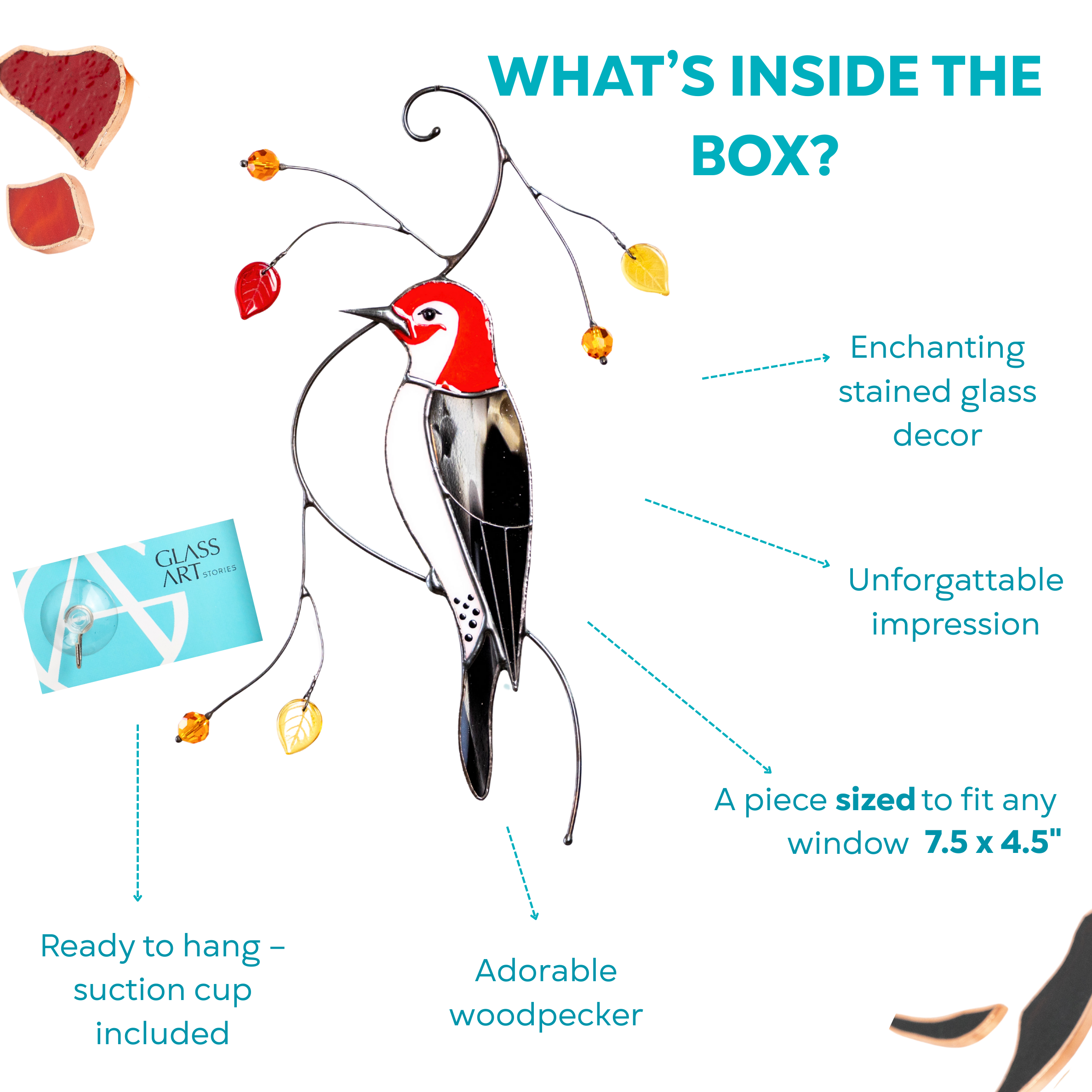 Box with stained glass woodpecker suncatcher, suction cup, and brand card – packaging highlights included features and size.
