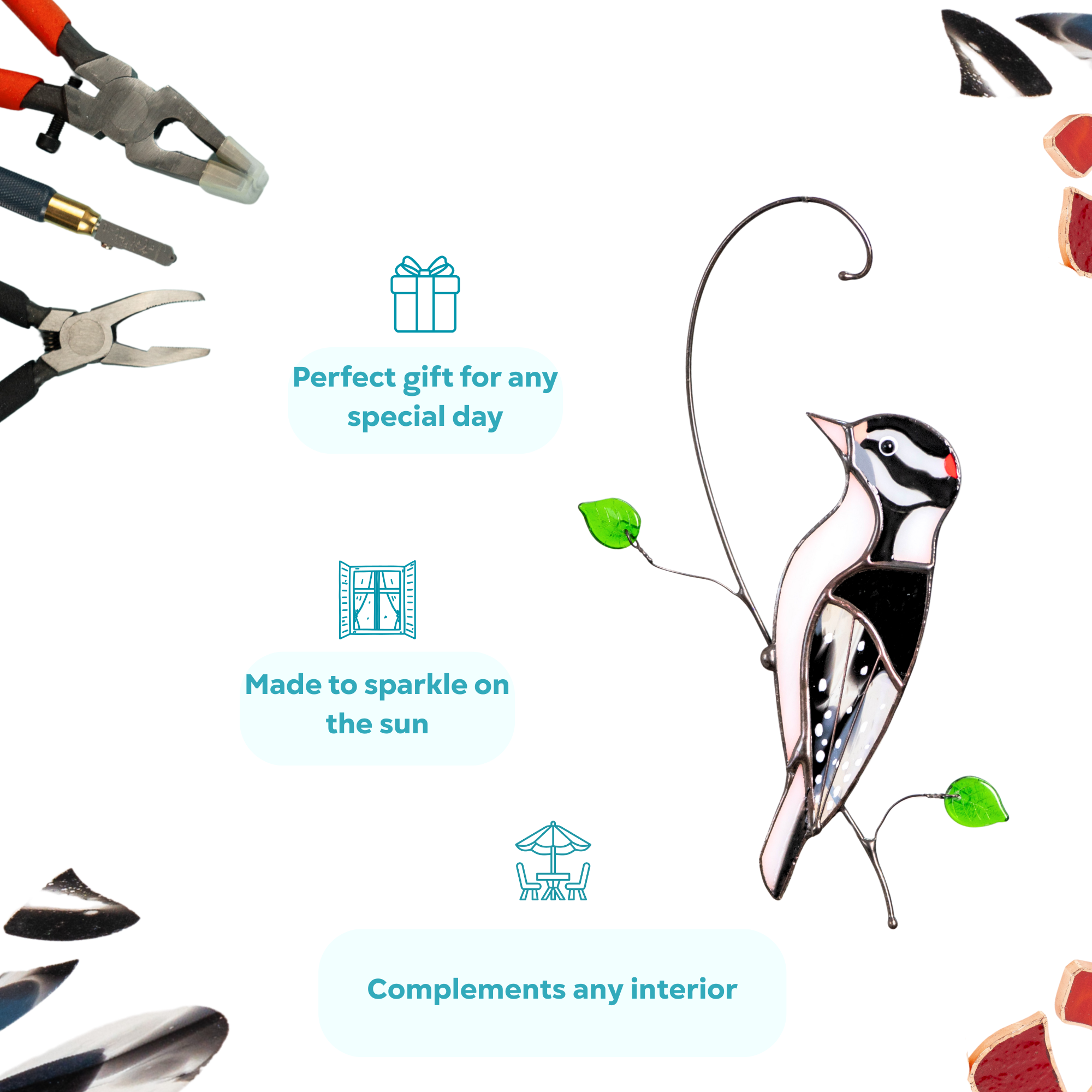 Stained glass woodpecker suncatcher with green leaves, surrounded by features: gift for any day, sparkles in sun, fits interiors