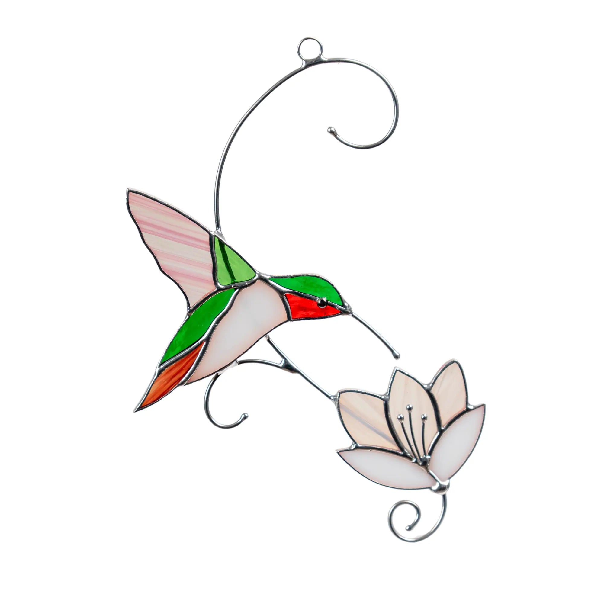 Colorful stained glass hummingbird hovering over a lotus flower, mounted on curved wire frame, isolated on white background.