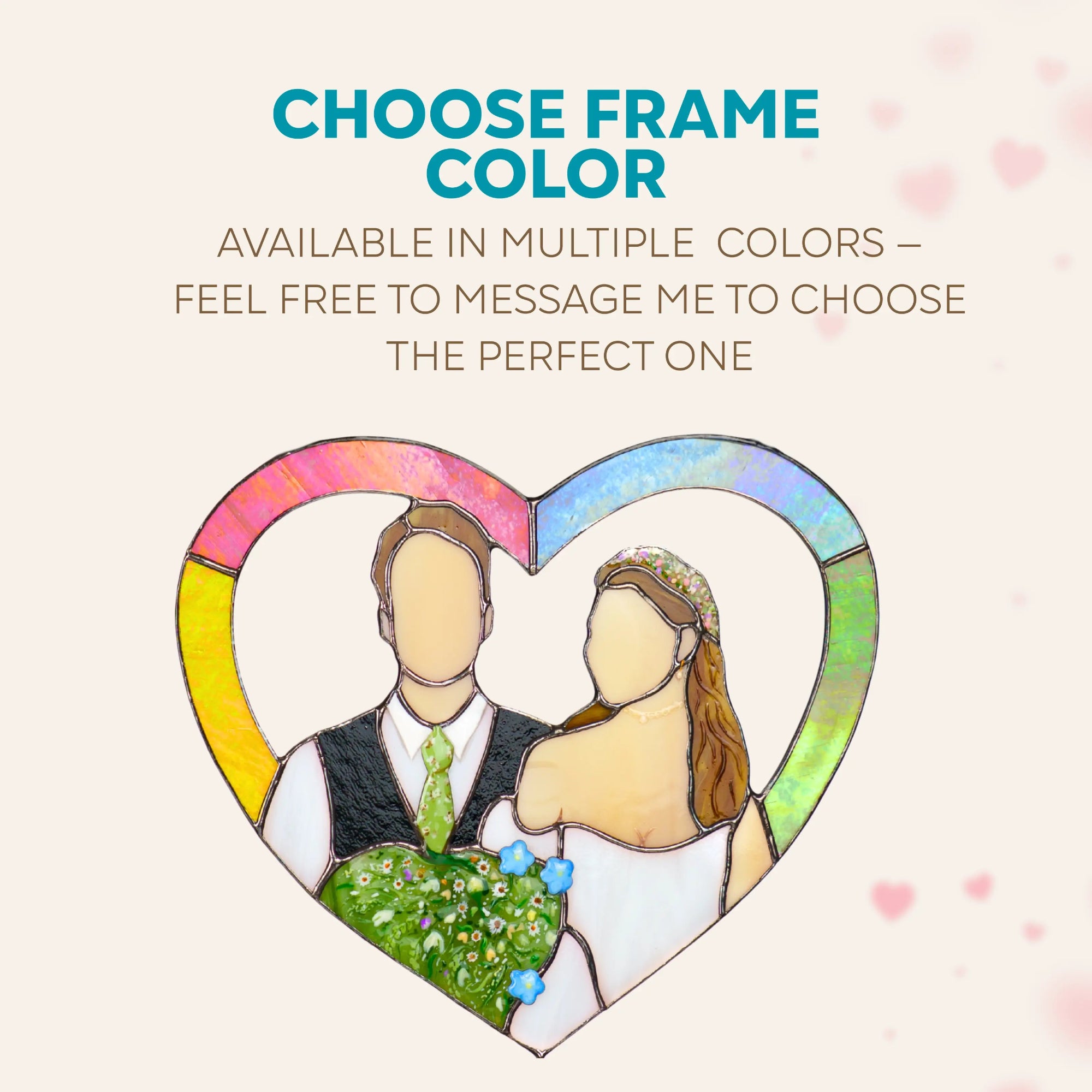 Stained glass panel illustration of a couple in a heart frame with text about frame color options.