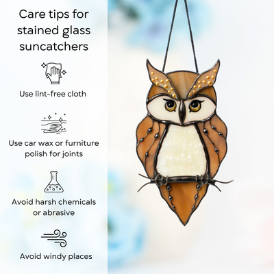 Great Horned Owl hanging shown with illustrated care instructions: use lint-free cloth, wax polish for joints, no harsh cleaners, avoid wind.