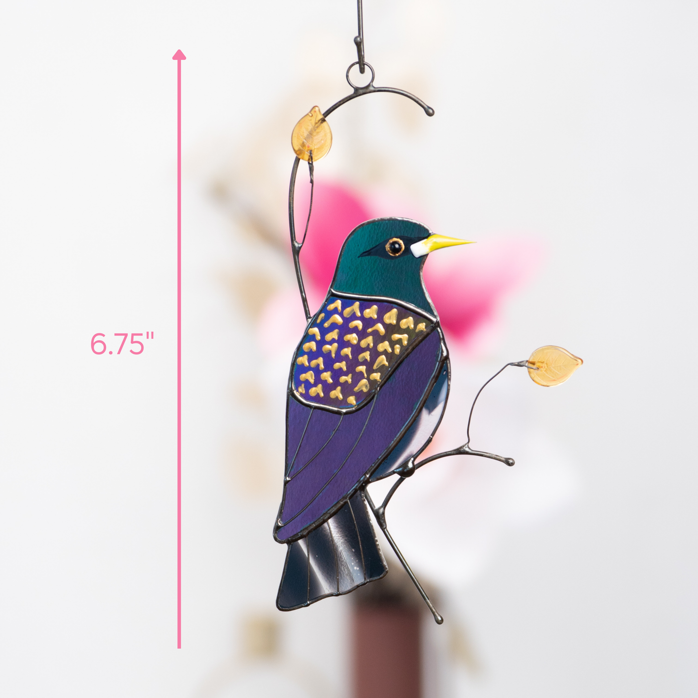Measurement image of a stained glass starling bird suncatcher marked as 6.75 inches tall.