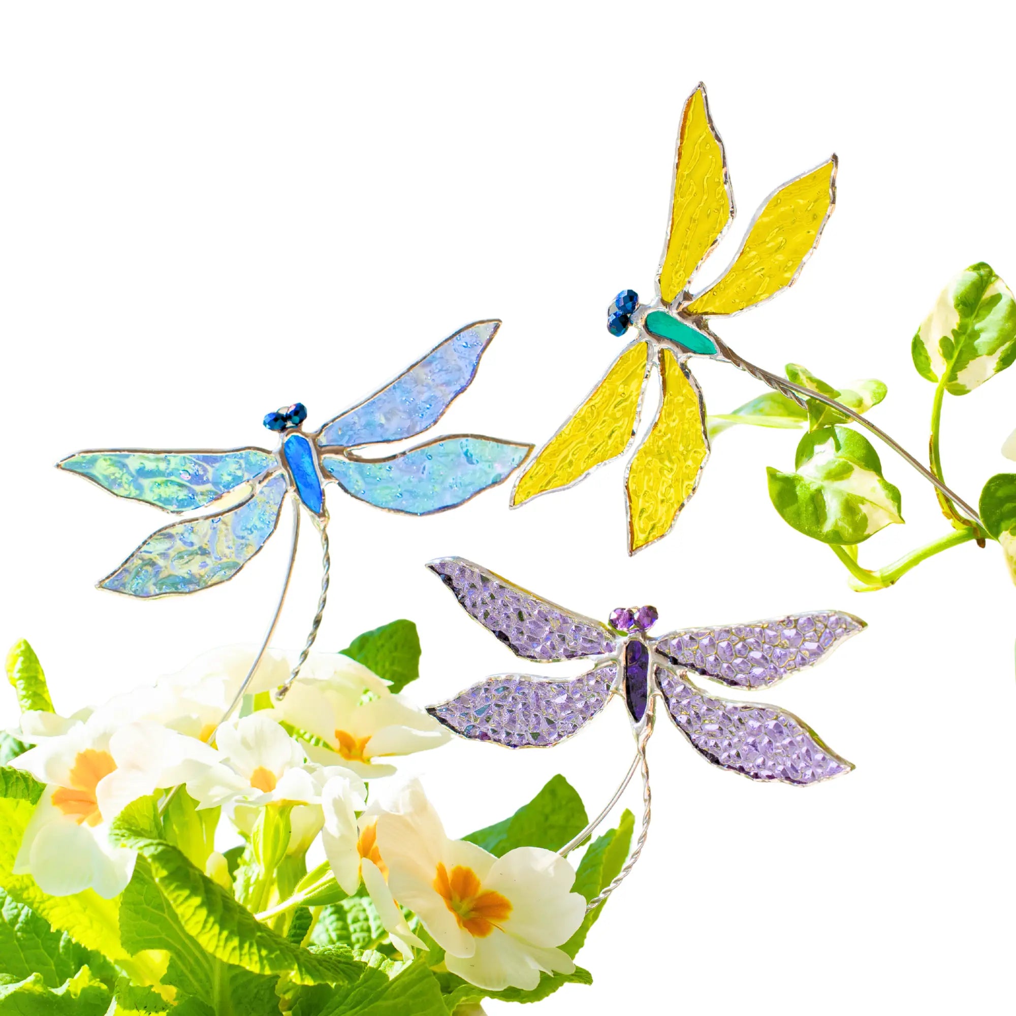 Three colorful dragonfly stained glass plant stakes on a white background with green leaves and flowers.
