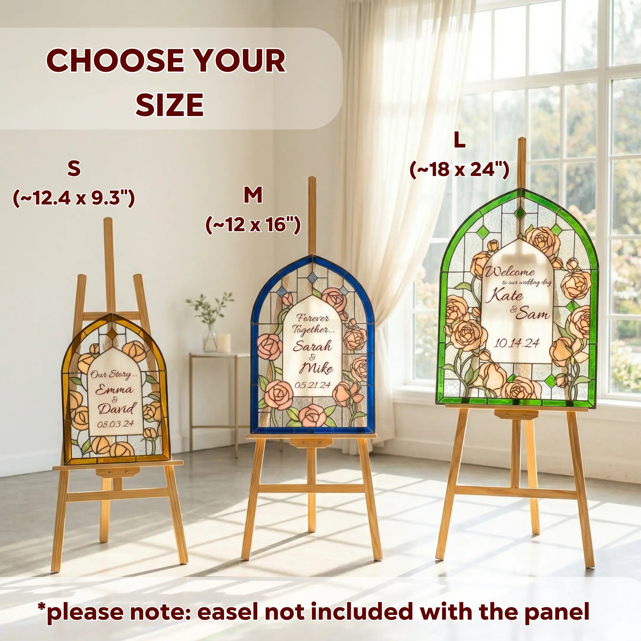 A product comparison infographic showing three stained glass wedding panels in Small (~12.4 x 9.3 inches), Medium (~12 x 16 inches), and Large (~18 x 24 inches) on wooden easels.