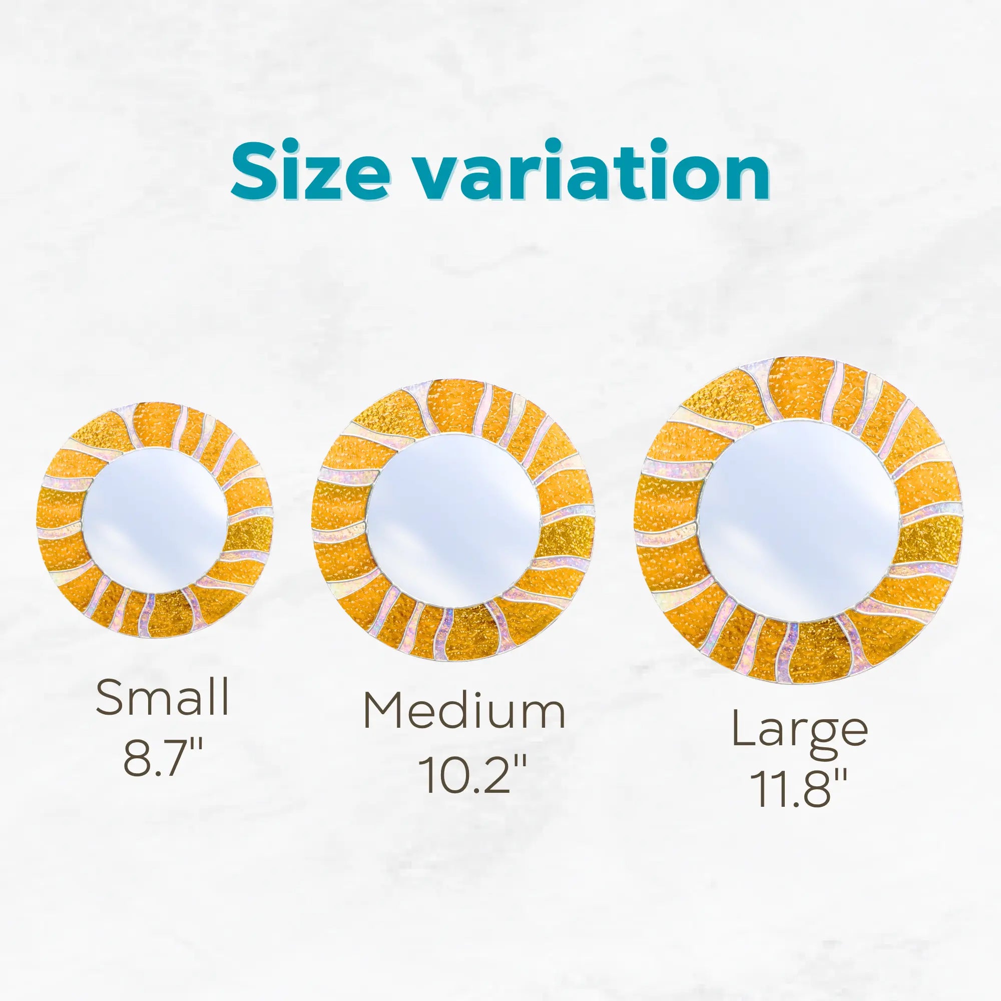 Three round mirrors with size variations labeled as small (8.7"), medium (10.2"), and large (11.8") on a white background.