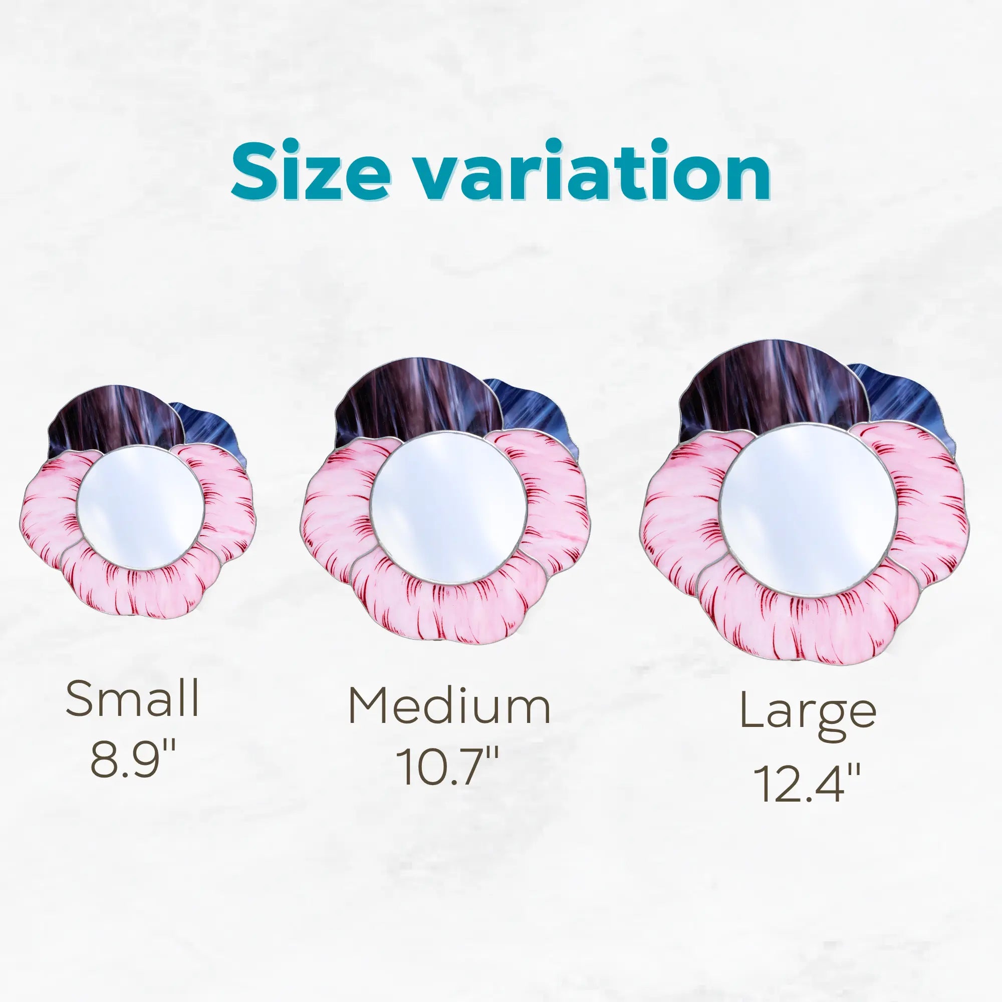 Three sizes of a stained glass mirror with labeled dimensions on a white background: small 8.9" diameter, medium 10.7" diameter, large 12.4" diameter