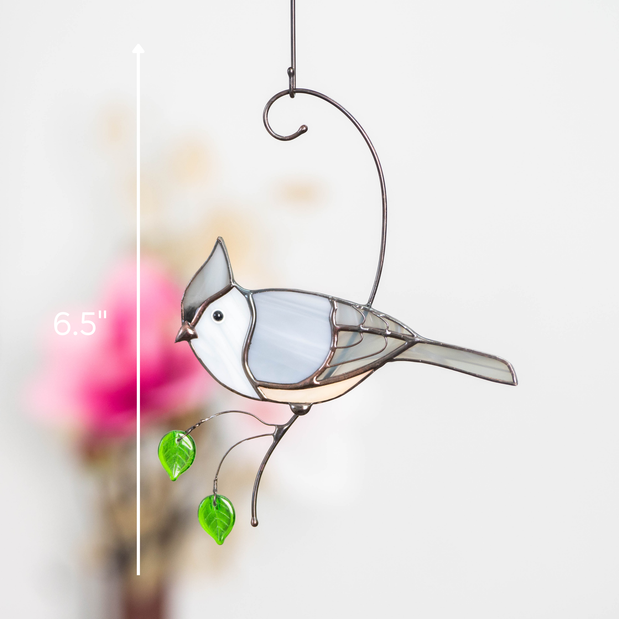 A stained glass tufted titmouse suncatcher with measurement line showing 6.5 inches height.