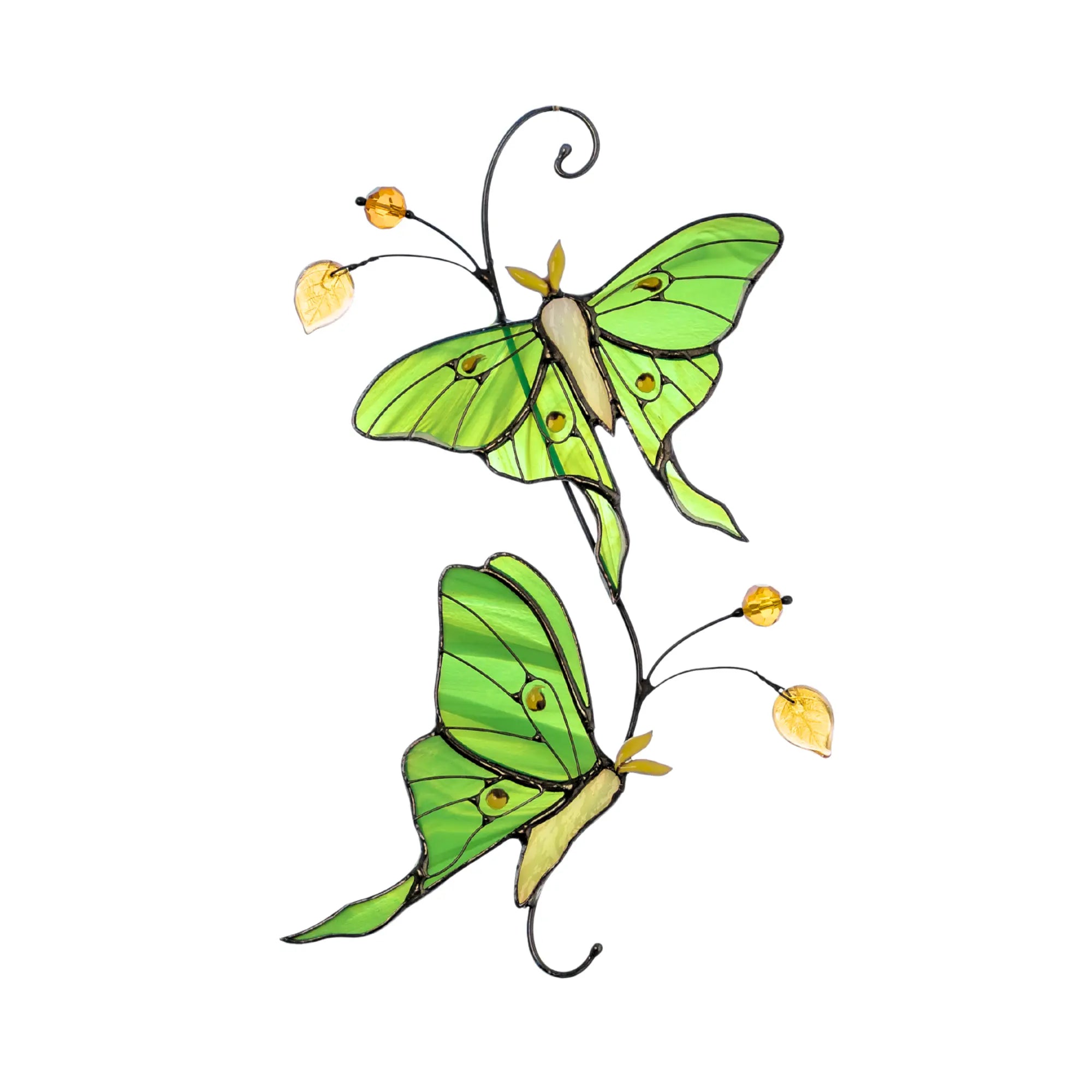 Stained glass suncatcher two green luna moth butterflies with yellow accents on a white background